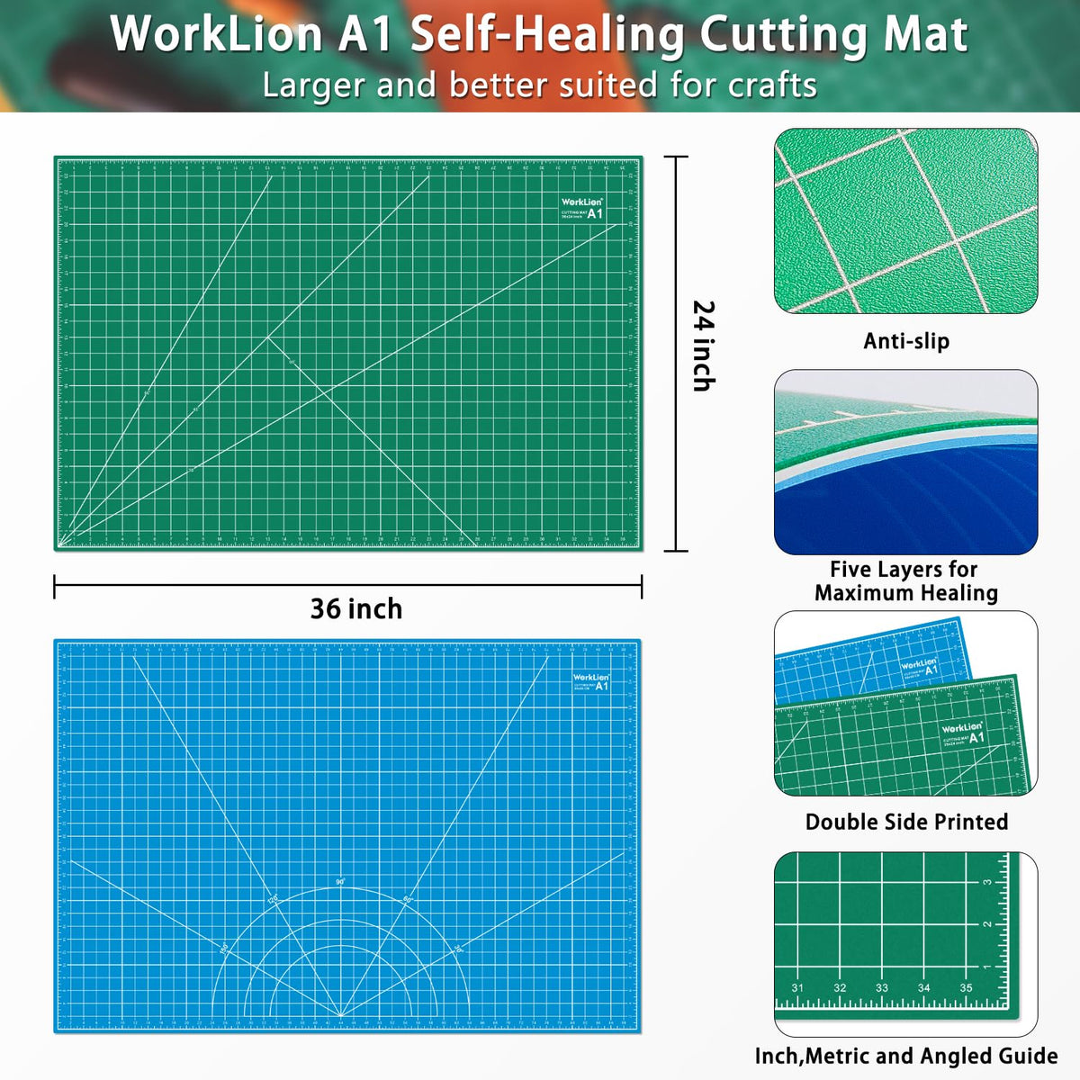 WORKLION 12" x 18" Art Self Healing PVC Cutting Mat, Double Sided, Gridded Rotary Cutting Board for Craft, Fabric, Quilting, Sewing, Scrapbooking Project……