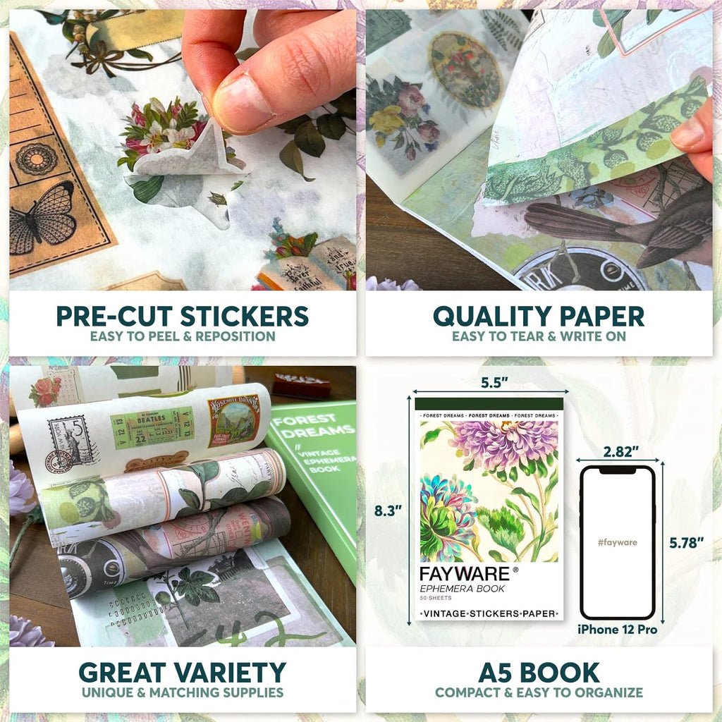 FAYWARE: Vintage Botanical Ephemera Sticker Book for Junk Journaling – 453 Washi Stickers & 20 Decoupage Sheets