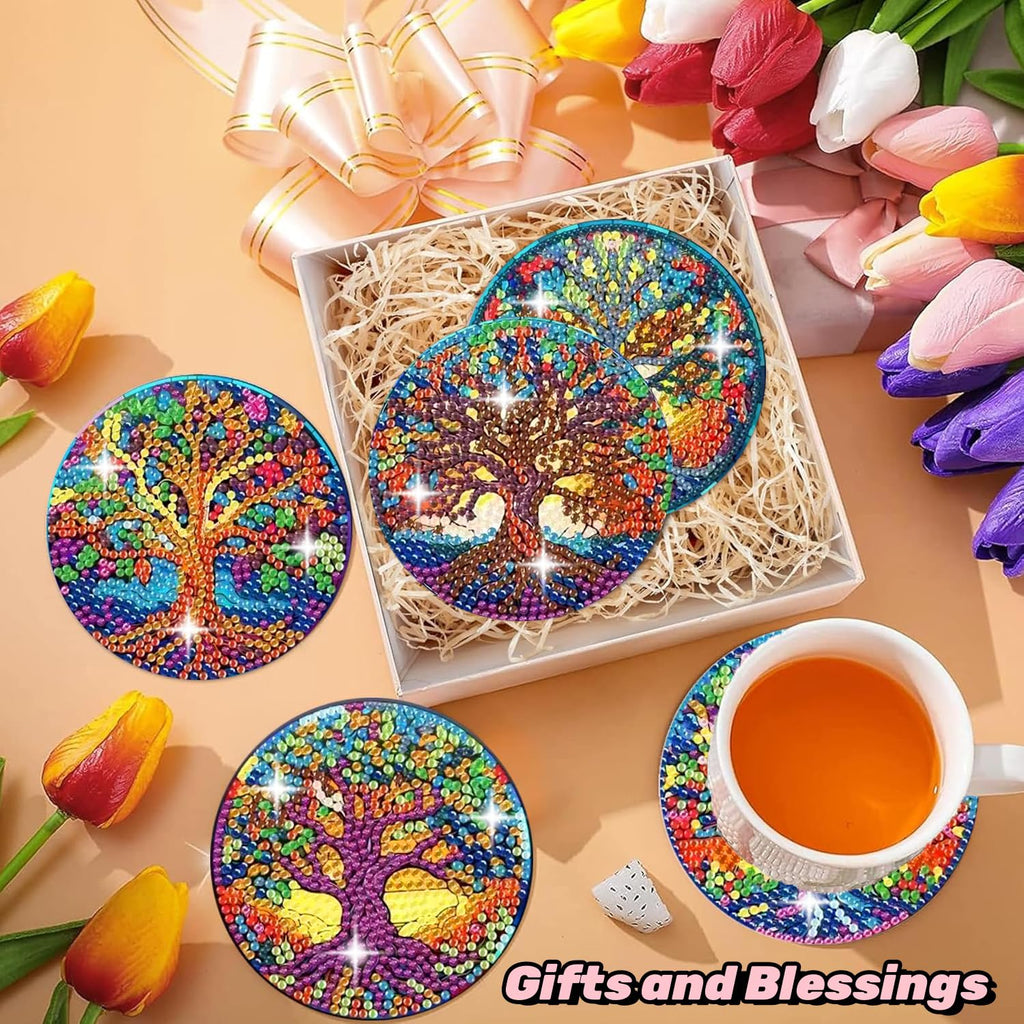 Puraikcmi 8PCs Diamond Paintings Coasters Kits Set, Funny Cat Diamond Art Coasters with Holder, DIY Crafts Diamond Art Kits Adult Craft Diamond Dots Gift