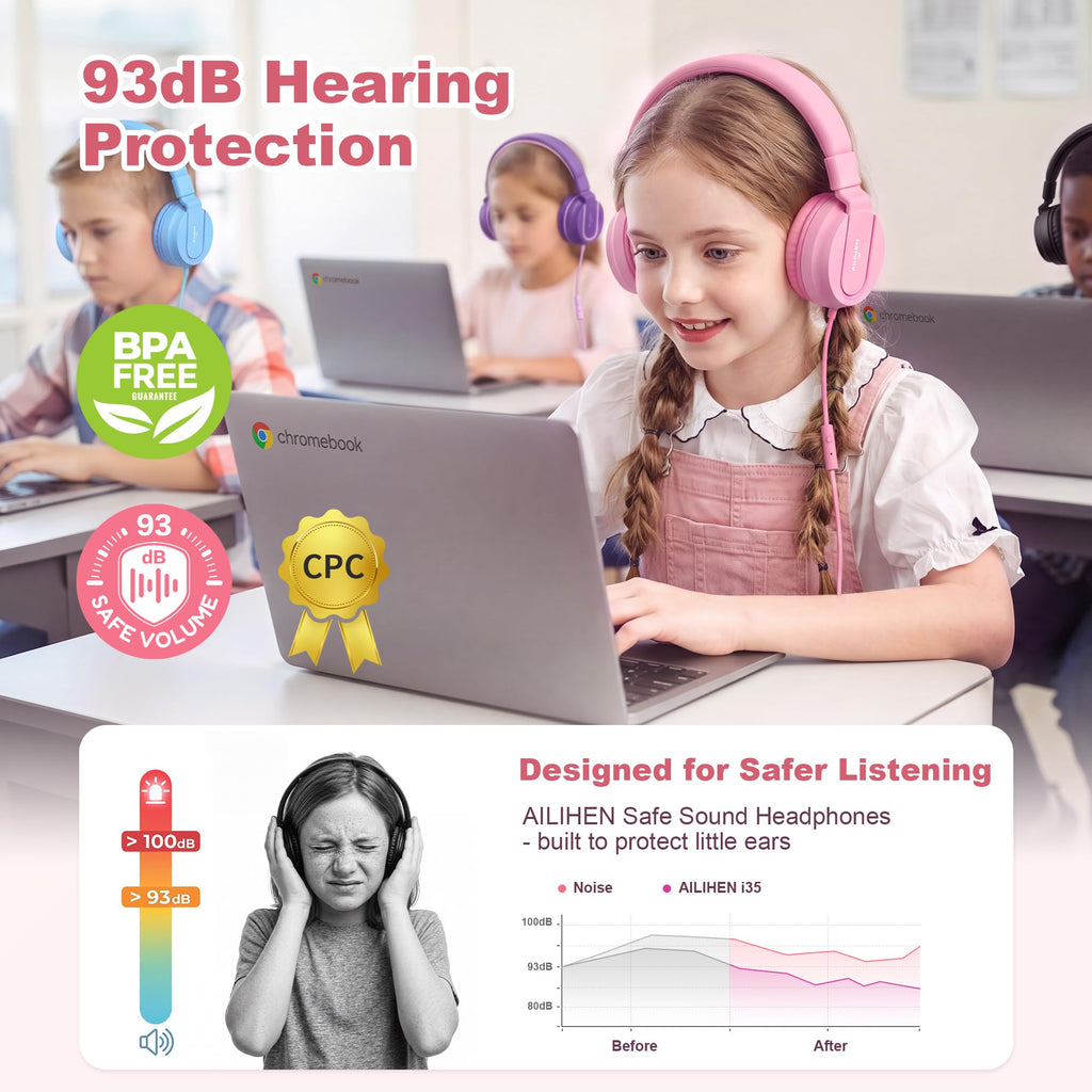 AILIHEN I35 Kids Headphones for School with Mic, 93dB Volume, Green Purple