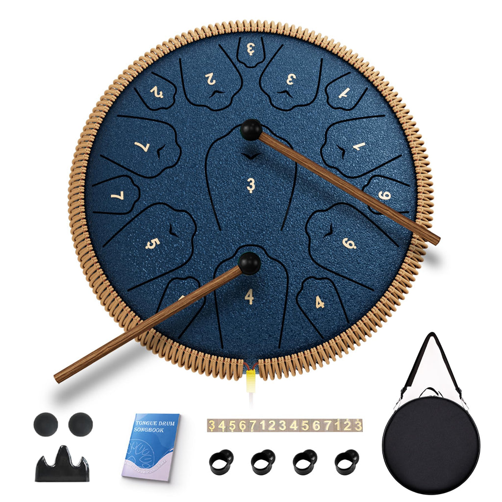 QingShi 14" Steel Tongue Drum — 15-Note C Major Hand Pan with Accessories