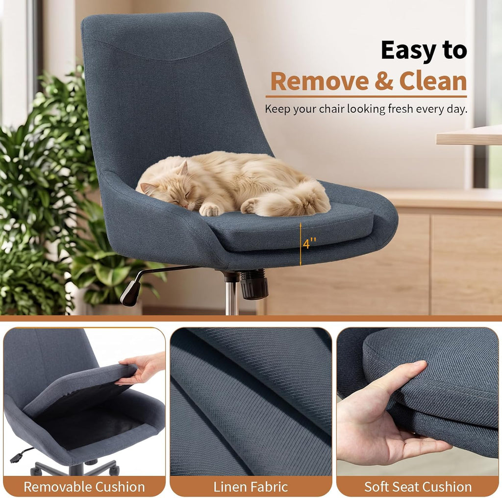 Home Armless Office Desk Chair, Linen Small Computer Chair with Adjustable Height, Removable Cushion, Comfy Rolling 360° Swivel Vanity Task Chair, Blue