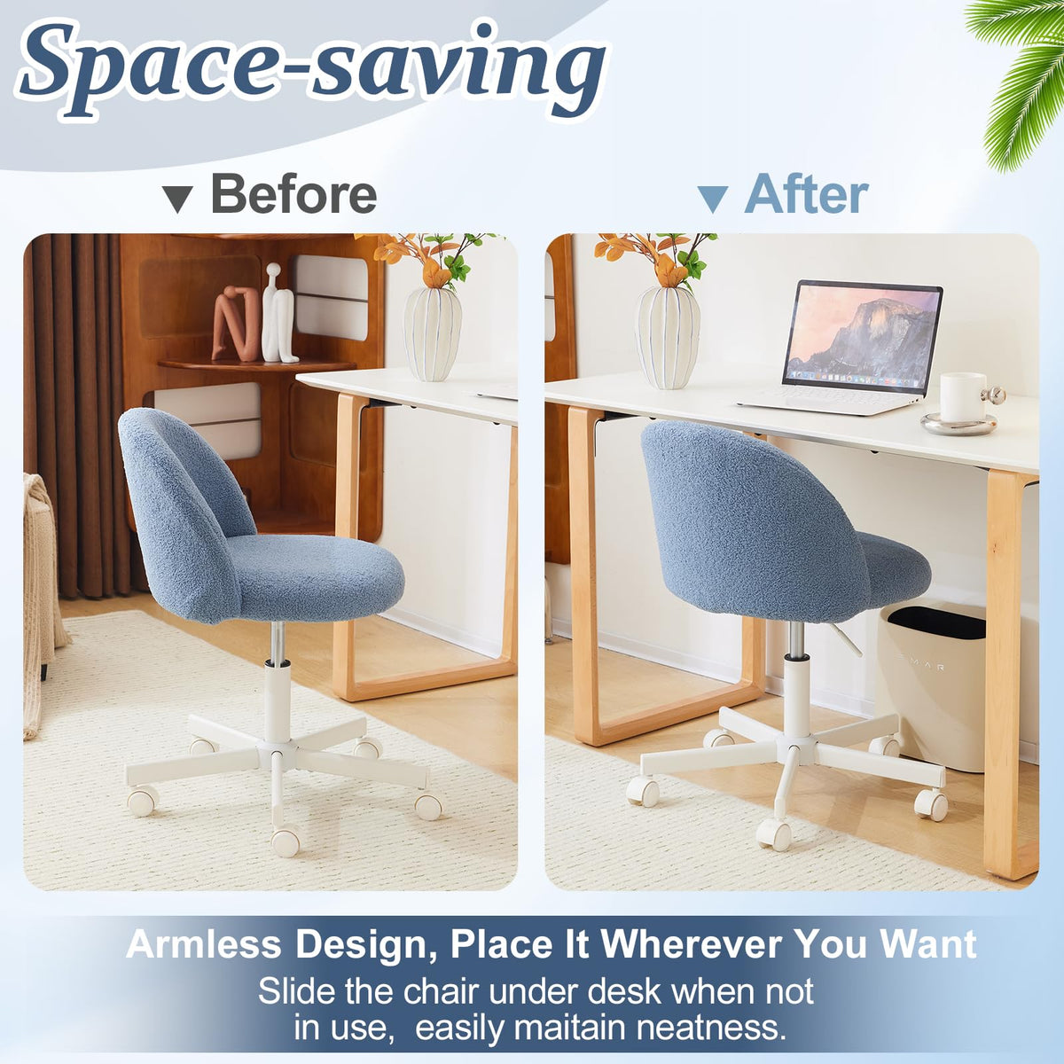 VINGLI Cute Candy Chair Armless Comfy Small Office Desk Vanity Chair with Wheels & Lumbar Support,Teddy Adjustable Rolling Swivel Computer Task Ch for Home Office,Bedroom,Gentle Pink