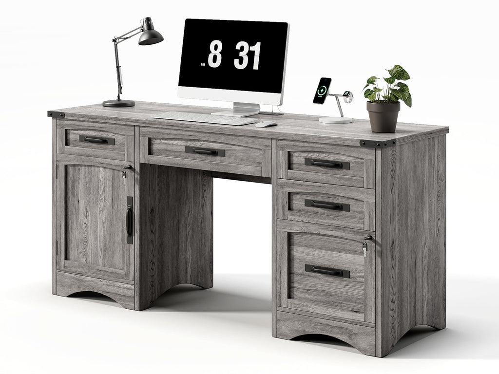 Decofy 67" Farmhouse L Shaped Standing Desk with Drawers Home Office Executive Desks with Fast Charging Station, Lockable File Cabinet, Wood Writing Computer Desk for Work, Study, White
