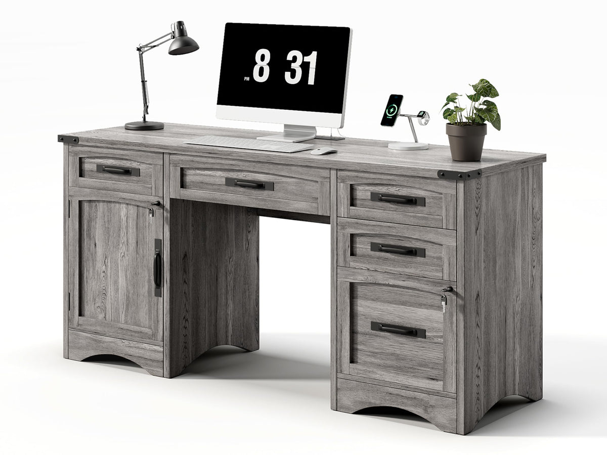 Decofy 67" Farmhouse L Shaped Standing Desk with Drawers Home Office Executive Desks with Fast Charging Station, Lockable File Cabinet, Wood Writing Computer Desk for Work, Study, White