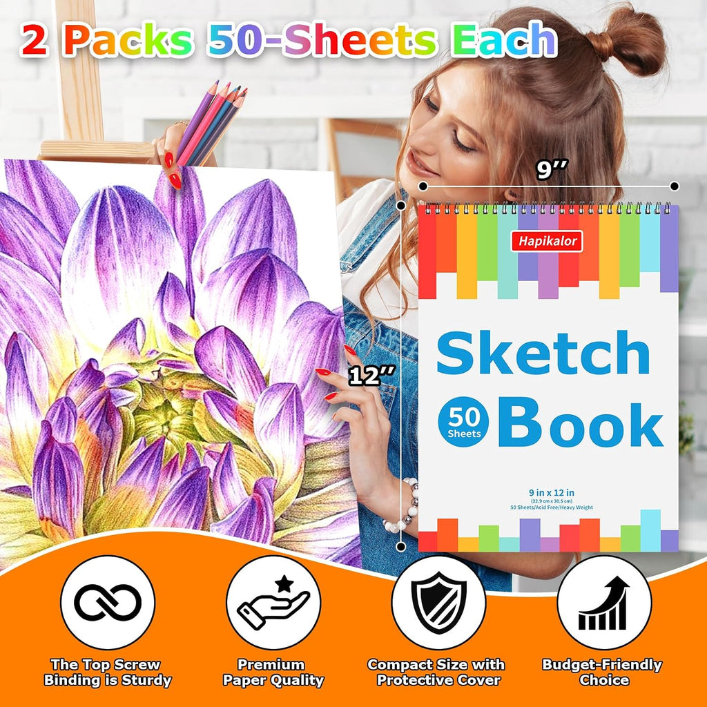9" x 12" Sketch Book, 2-Pack 50 Sheets Spiral Bound Art Sketchbook Notebook