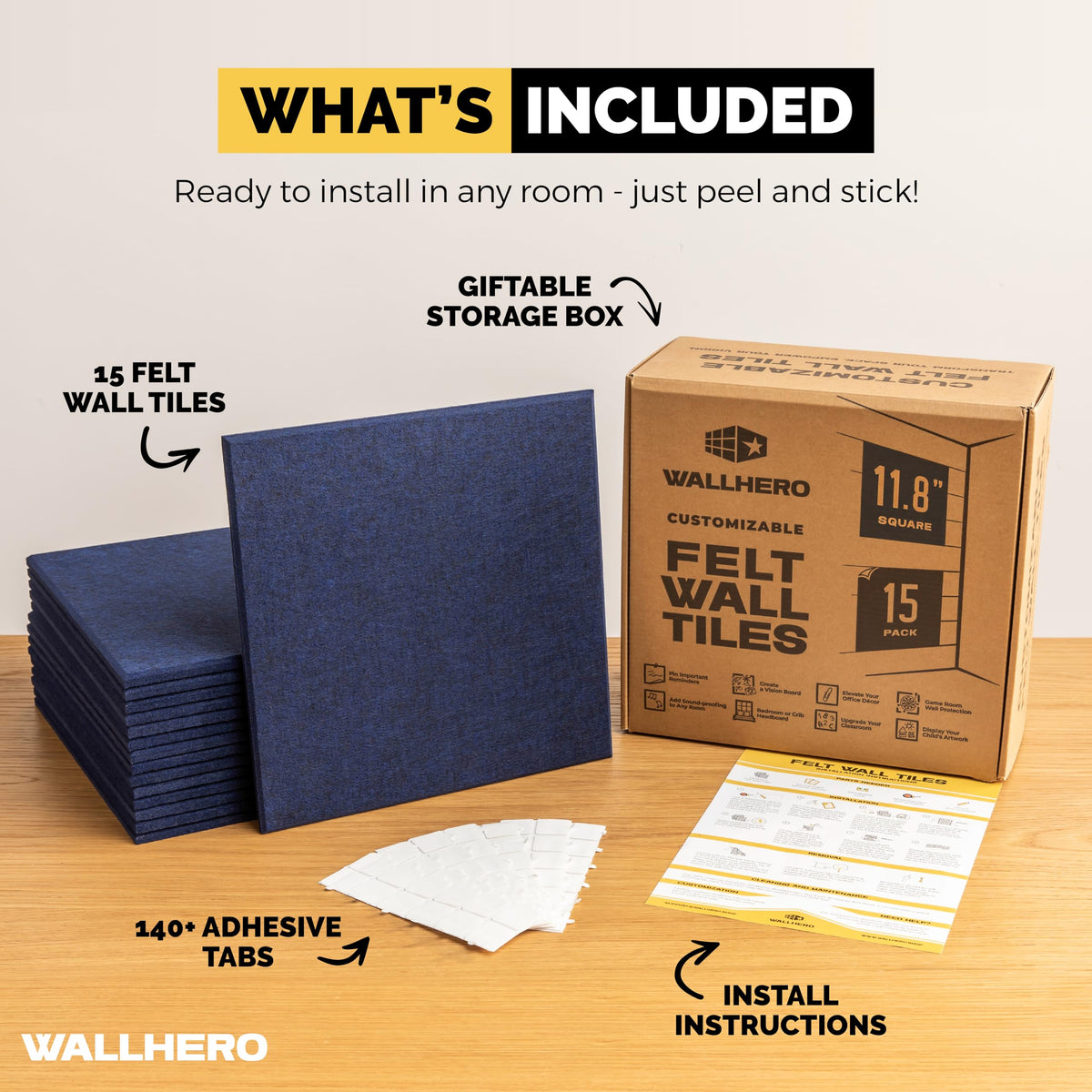 WALLHERO Felt Bulletin Board Tiles, 15-Pack (K–12)