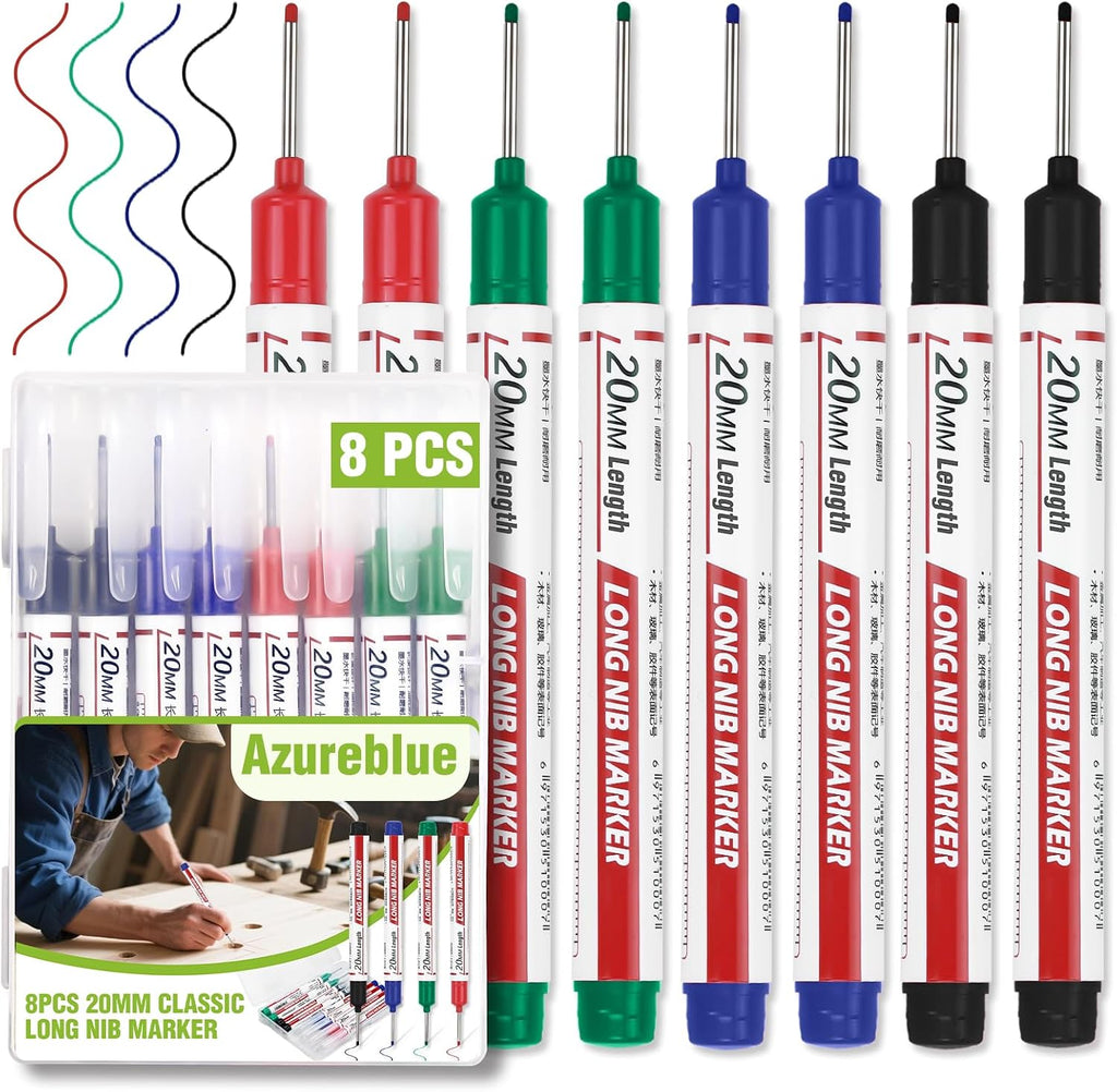 8pcs Long Nib Marker, Long Head Deep Hole Marker Pens, Waterproof Construction Markers Marking Tool, Multi-Purpose Deep Reach Pen Makes For Metal, Carpenter, Woodworking, Gift for Father's Day