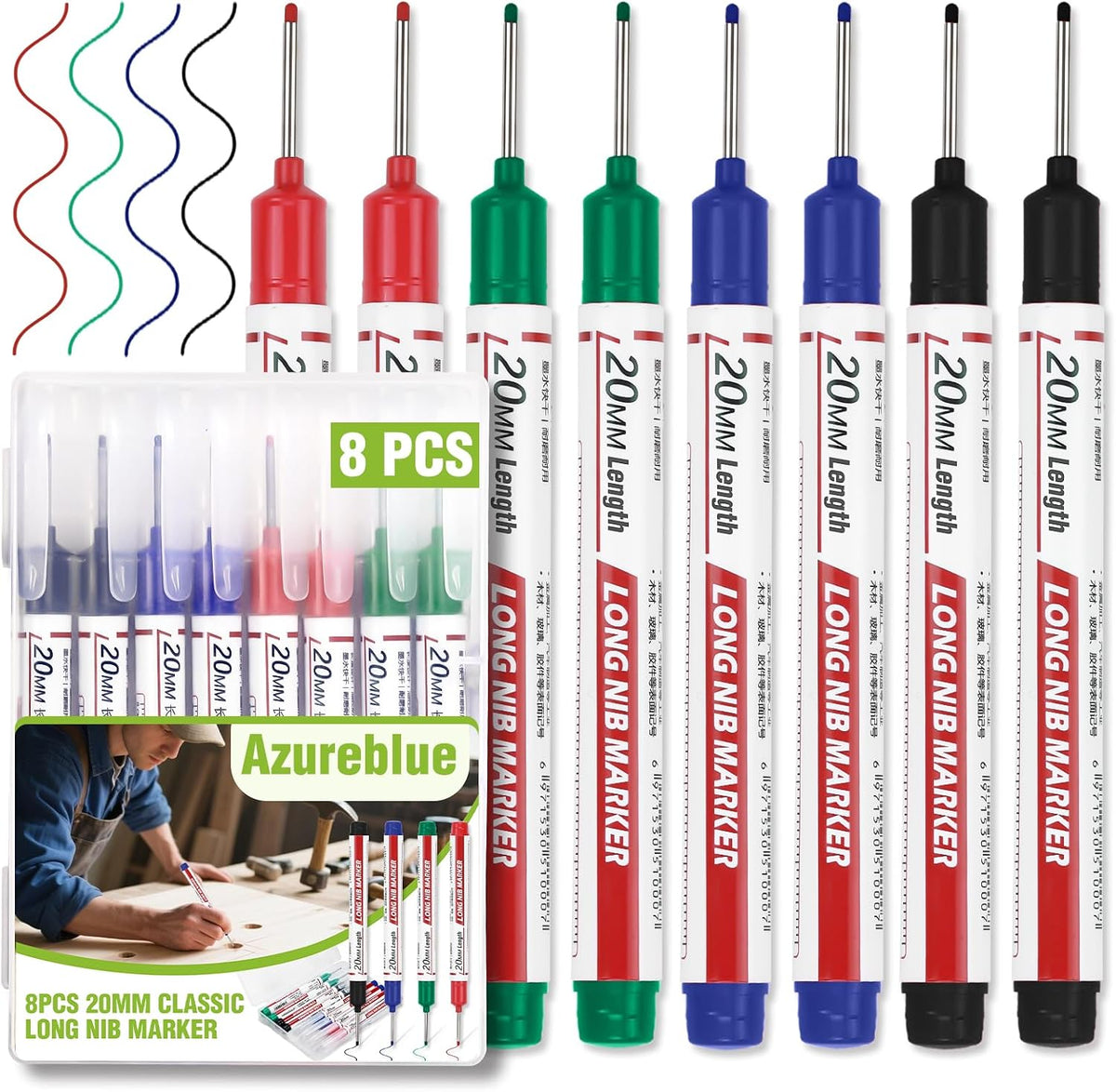 8pcs Long Nib Marker, Long Head Deep Hole Marker Pens, Waterproof Construction Markers Marking Tool, Multi-Purpose Deep Reach Pen Makes For Metal, Carpenter, Woodworking, Gift for Father's Day