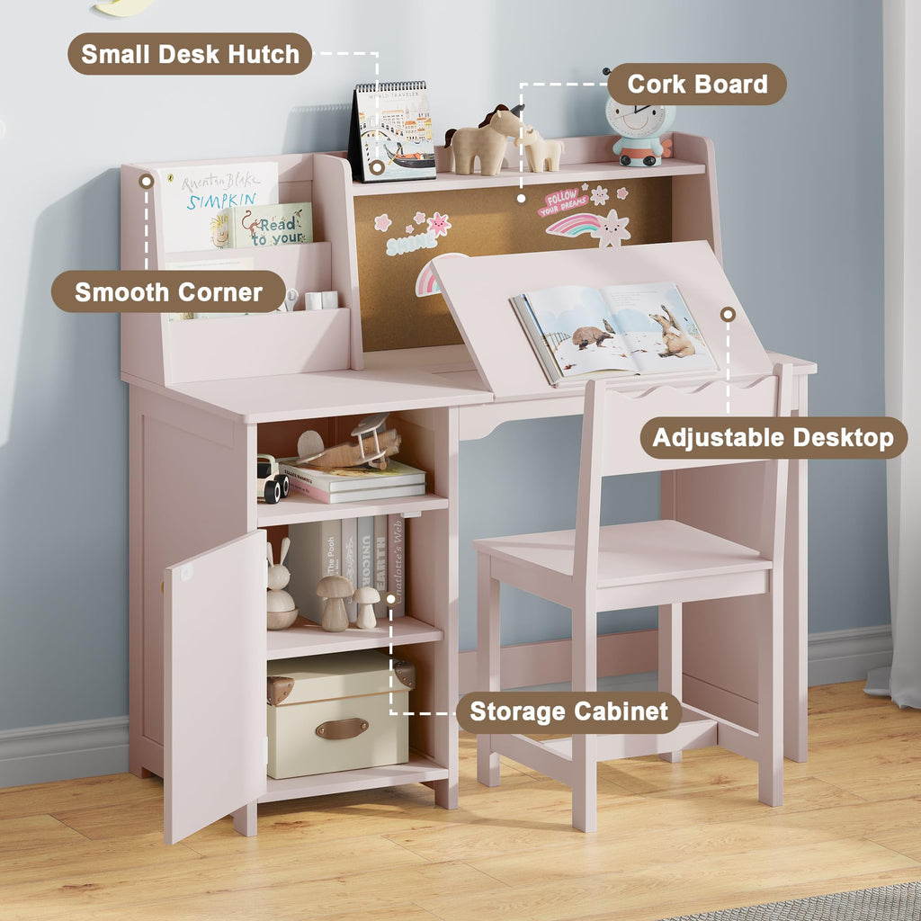 Treocho Kids Study Desk and Chair Set with Tiltable Desktop for 3-8 Years