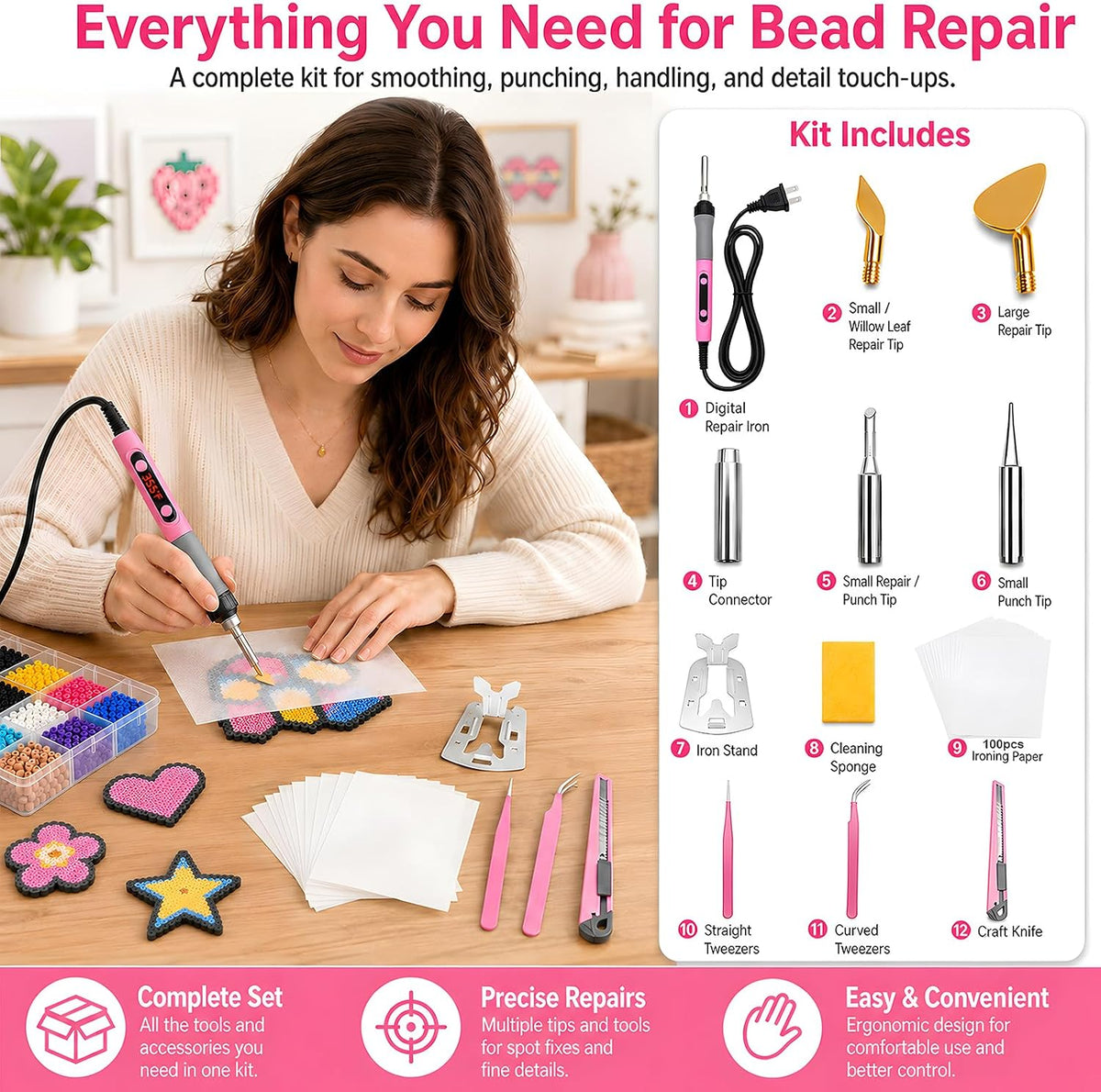 Fuse Bead Repair Iron, Mini Touch-Up Kit for Ironing Beads and Melty Beads, 90W Fast Heating with Precise Temperature Control and Auto Sleep, for Pegboards and DIY Crafts (Pink)