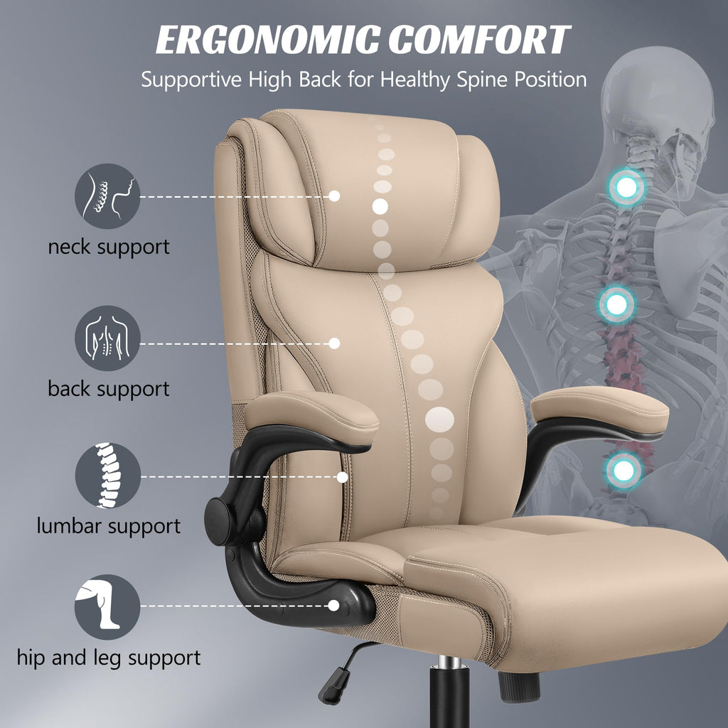 HeroSet Office Chair, Ergonomic Big and Tall Computer Desk Chairs, Executive Breathable Leather Chair with Adjustable Flip-up Armrests, Lumbar Support Swivel PC Chair with Rocking Function,Matte Black