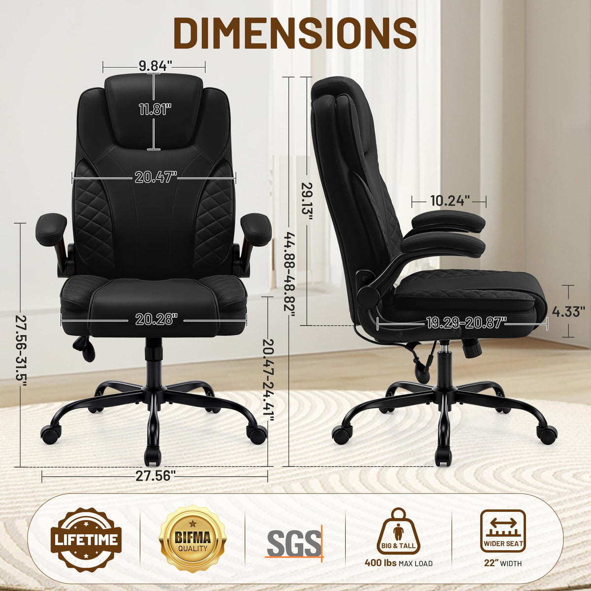 Ergonomic Office Chair, PU Leather High Back Executive Chair with Adjustable Inflatable Lumbar Support and Padded Flip-Up Arms, Recline Swivel Task Computer Chair for Home Office, Khaki