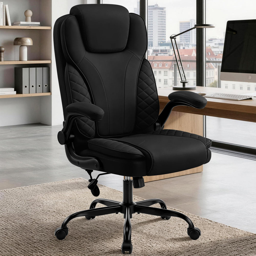 Ergonomic Office Chair, PU Leather High Back Executive Chair with Adjustable Inflatable Lumbar Support and Padded Flip-Up Arms, Recline Swivel Task Computer Chair for Home Office, Khaki