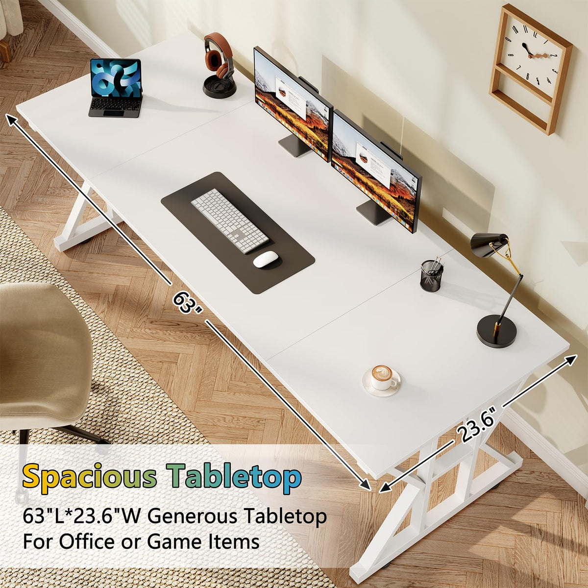 63" Large Computer Desk with Thickened Frame for Home Office, Living Room