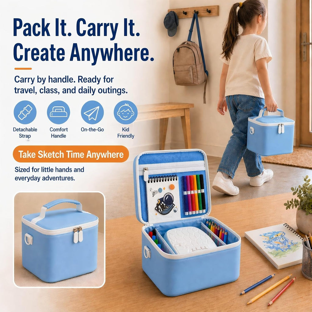 Drawing Projector for Kids Case, Compatible with Flycatcher Smart Sketcher 2.0, High-Density EPE Foam, Microfiber PU with Dry-Coated Finish, Pen & Accessory Pockets (Blue, Case Only)
