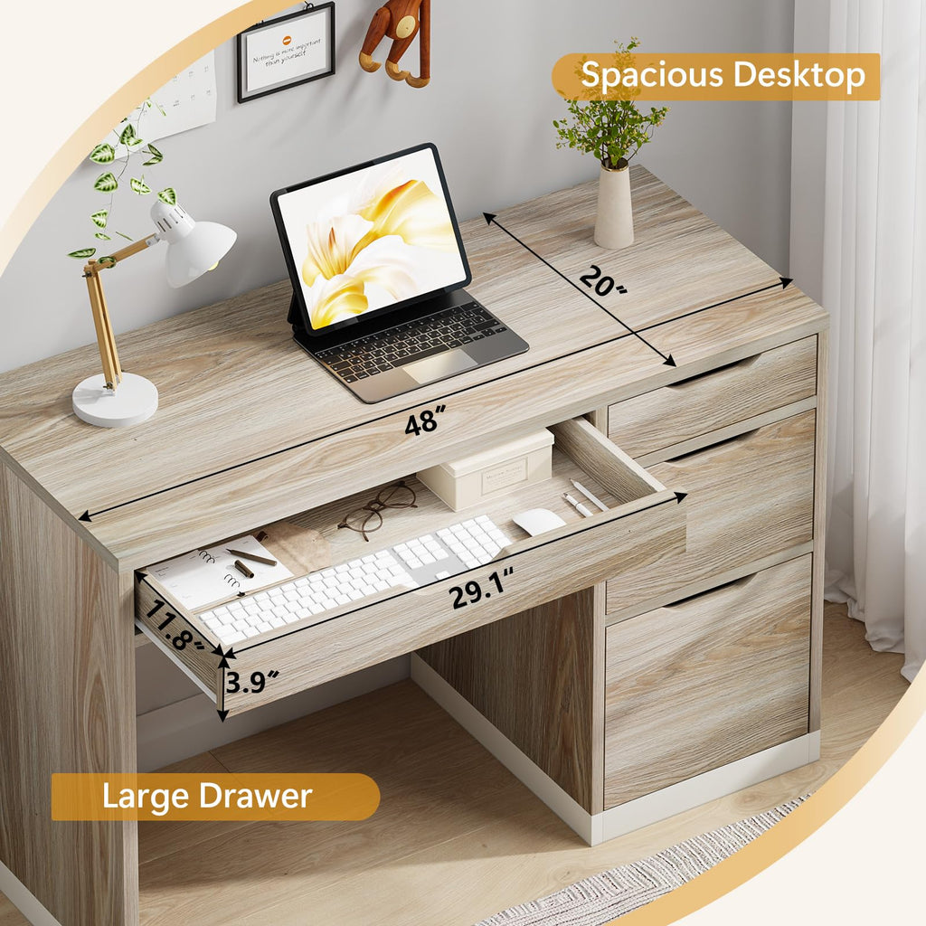MaverickFurni White Desk with Drawers, 48 Inch Small Computer Desk