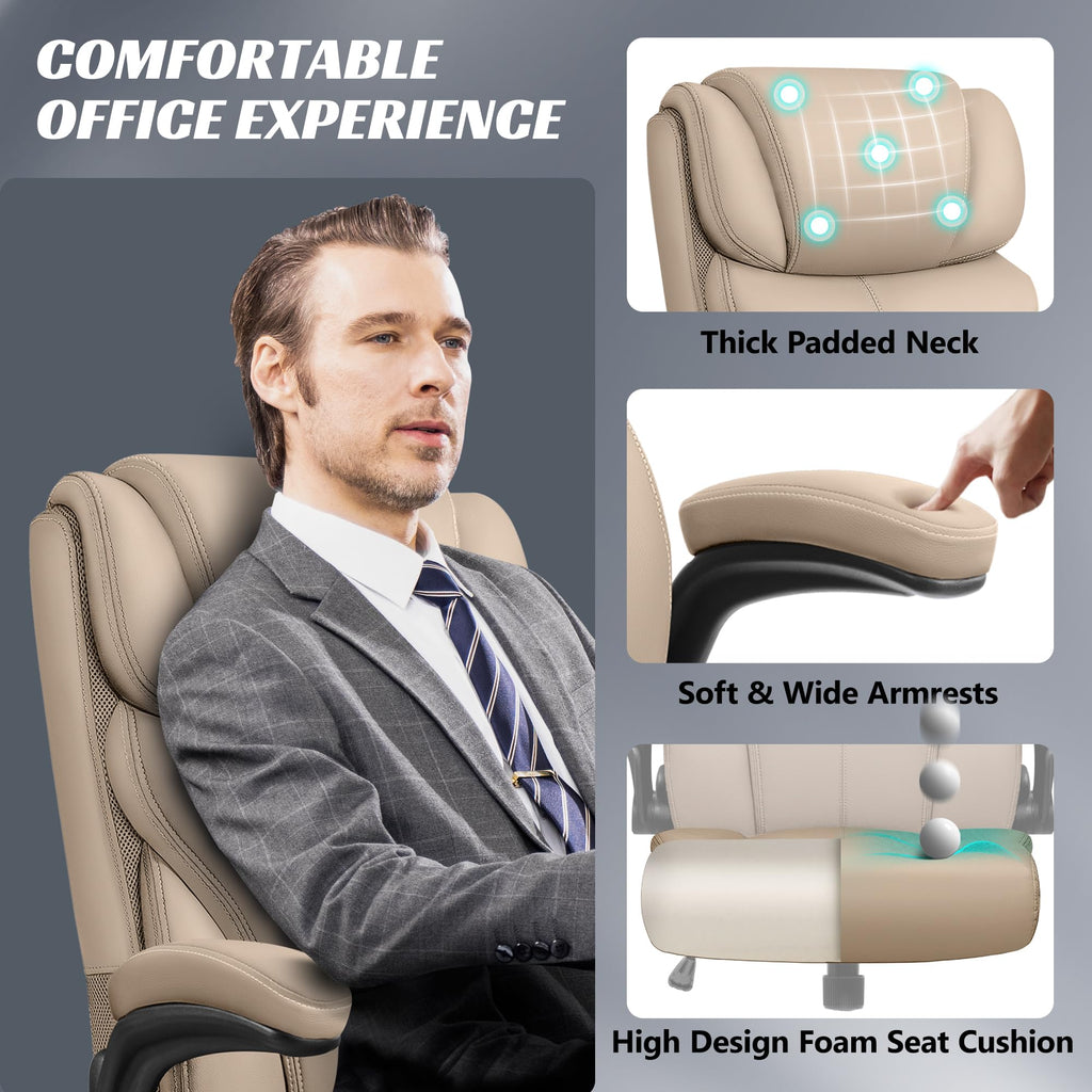HeroSet Office Chair, Ergonomic Big and Tall Computer Desk Chairs, Executive Breathable Leather Chair with Adjustable Flip-up Armrests, Lumbar Support Swivel PC Chair with Rocking Function,Matte Black