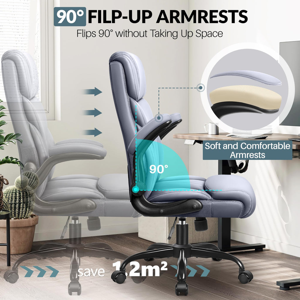 HeroSet Office Chair, Ergonomic Big and Tall Computer Desk Chairs, Executive Breathable Leather Chair with Adjustable Flip-up Armrests, Lumbar Support Swivel PC Chair with Rocking Function,Matte Black