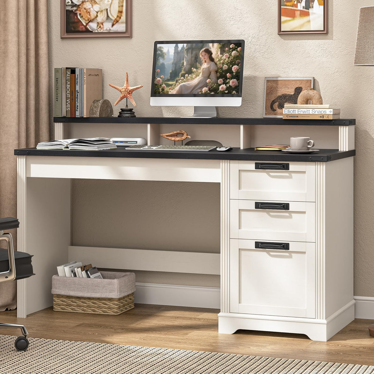 Vabches 51" Executive Desk Farmhouse Home Office Desk with Charging Station, LED Light, File Drawer, Storage Cabinet, Monitor Stand, Wood Computer Desk with Hutch for Work Study Writing (White)