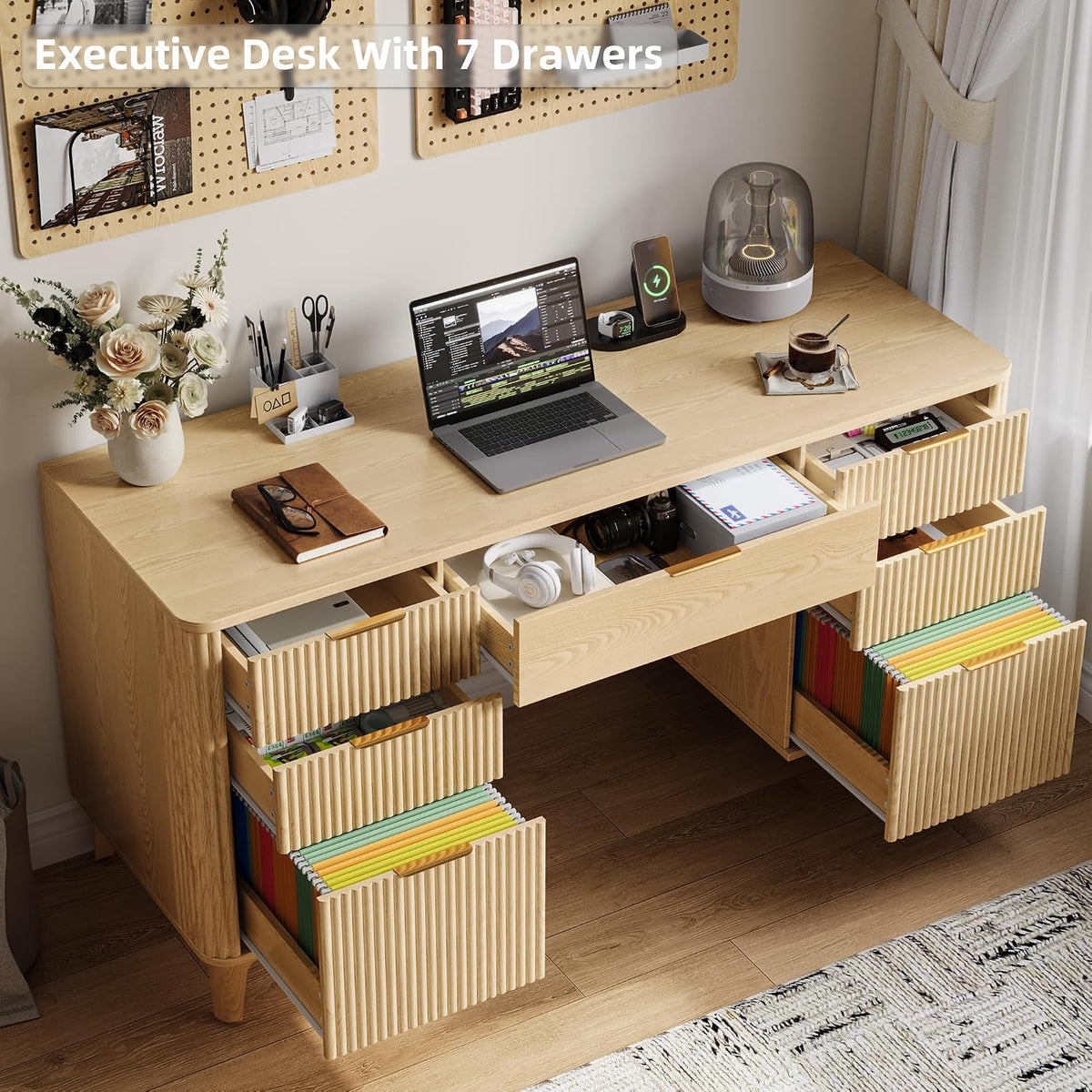 55.1" Fluted Executive Desk with Drawers, Wood Computer Desk with Storage Cabinet, Home Office Desk with Charging Station, Farmhouse Desk with File Cabinet for Office Home (Nature)