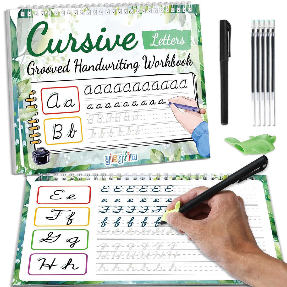 Grooved Cursive Handwriting Workbook Magic Reusable Grooved Cursive Handwriting Practice Guided Tracing with Disappearing Ink Pens for Beginners Kids Learning Activities Supplies (Letters)