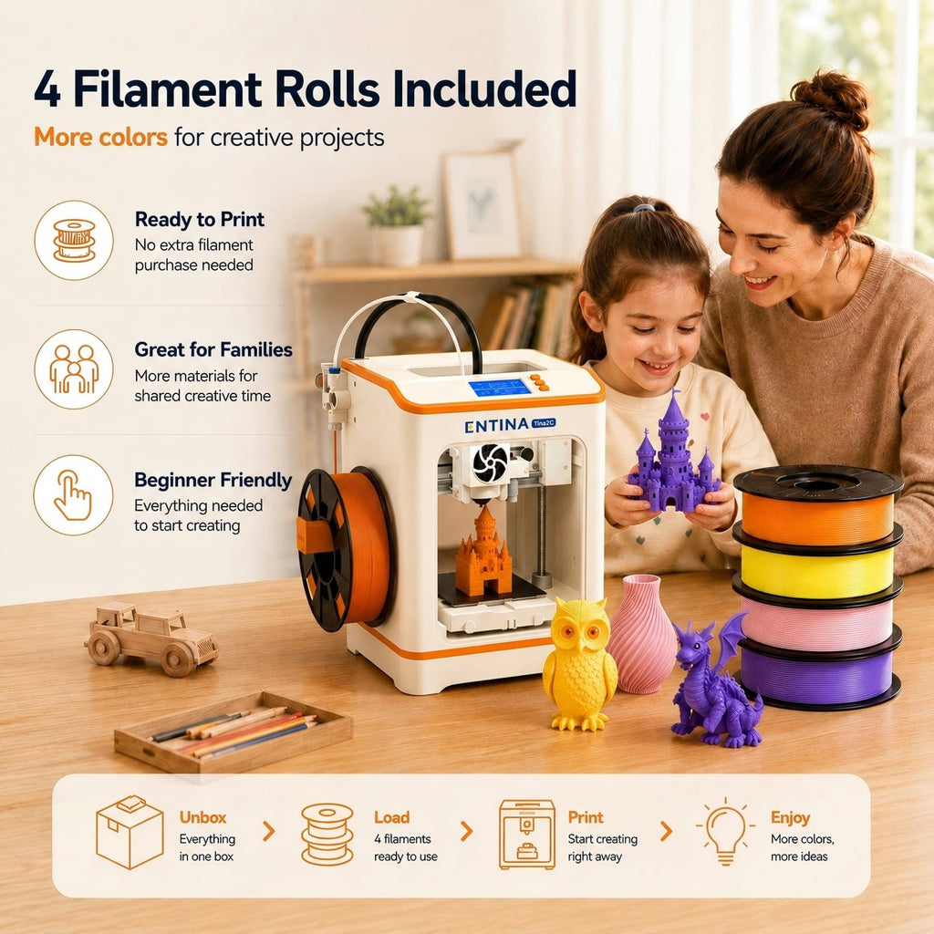 Entina Tina2C 3D Printer for Beginners, Fully Assembled Starter Mini 3D Printer, Start in 8 Mins, App & WiFi Control, Auto Leveling, 3500+ Model Library, 25+ Creative DIY Modules for STEM, Home