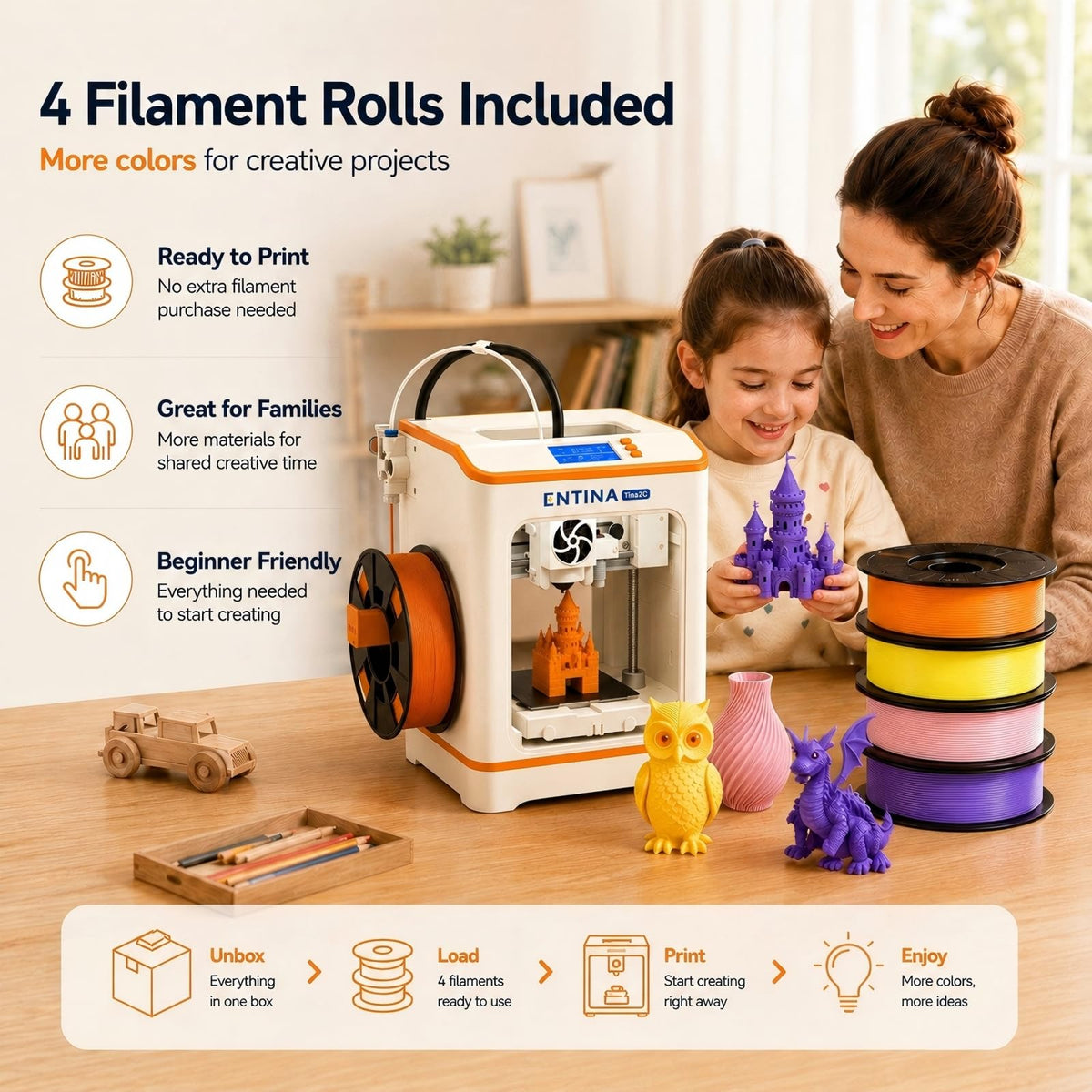 Entina Tina2C 3D Printer for Beginners, Fully Assembled Starter Mini 3D Printer, Start in 8 Mins, App & WiFi Control, Auto Leveling, 3500+ Model Library, 25+ Creative DIY Modules for STEM, Home
