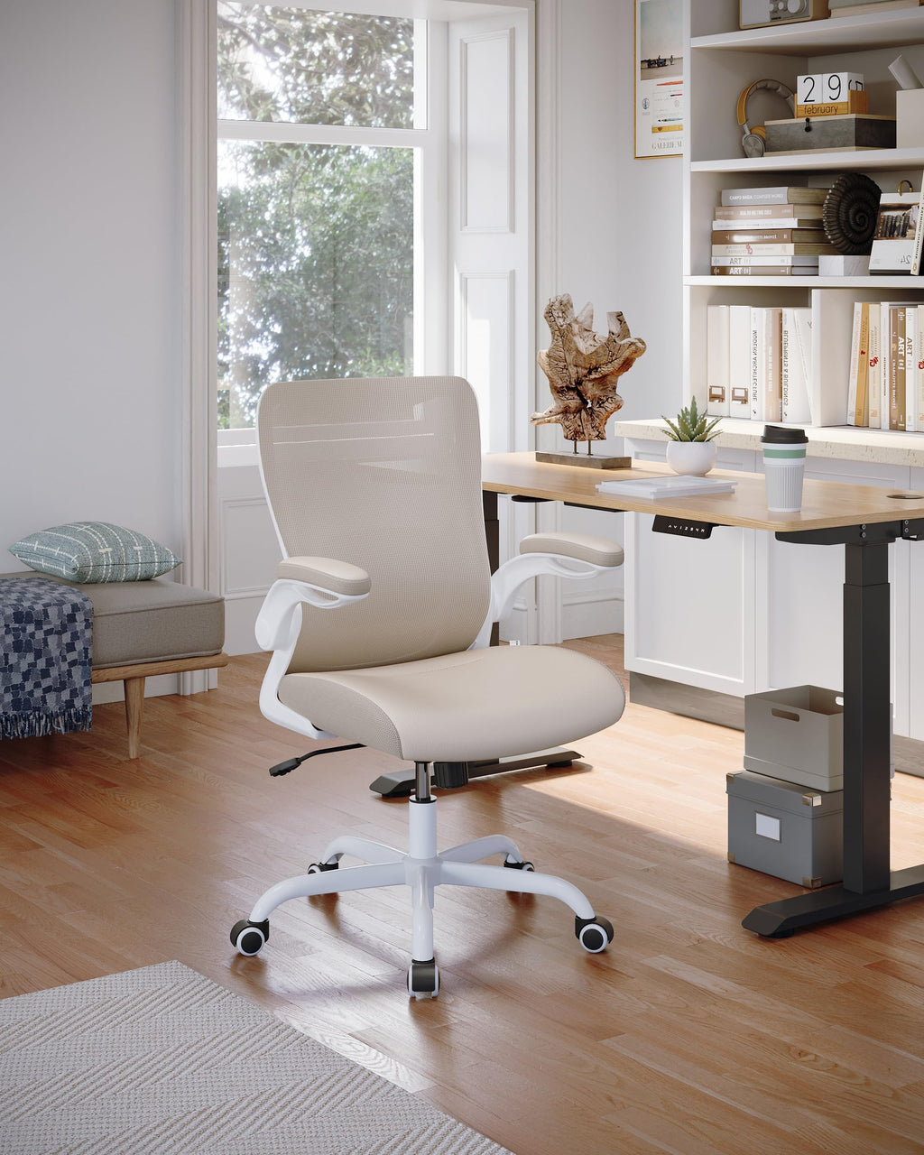 MUXX.STIL Office Chair, Ergonomic Desk Chair with Adjustable Lumbar Support and Flip up Armrest, Breathable Mesh Computer Chair for Home Office, Khaki