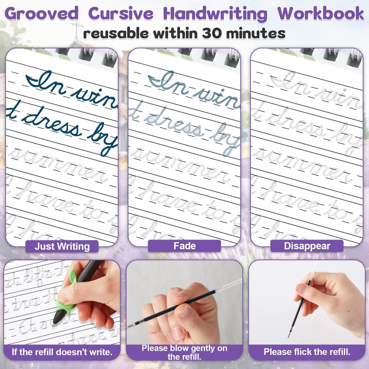 Grooved Cursive Handwriting Workbook Magic Reusable Grooved Cursive Handwriting Practice Guided Tracing with Disappearing Ink Pens for Beginners Kids Learning Activities Supplies (Letters)