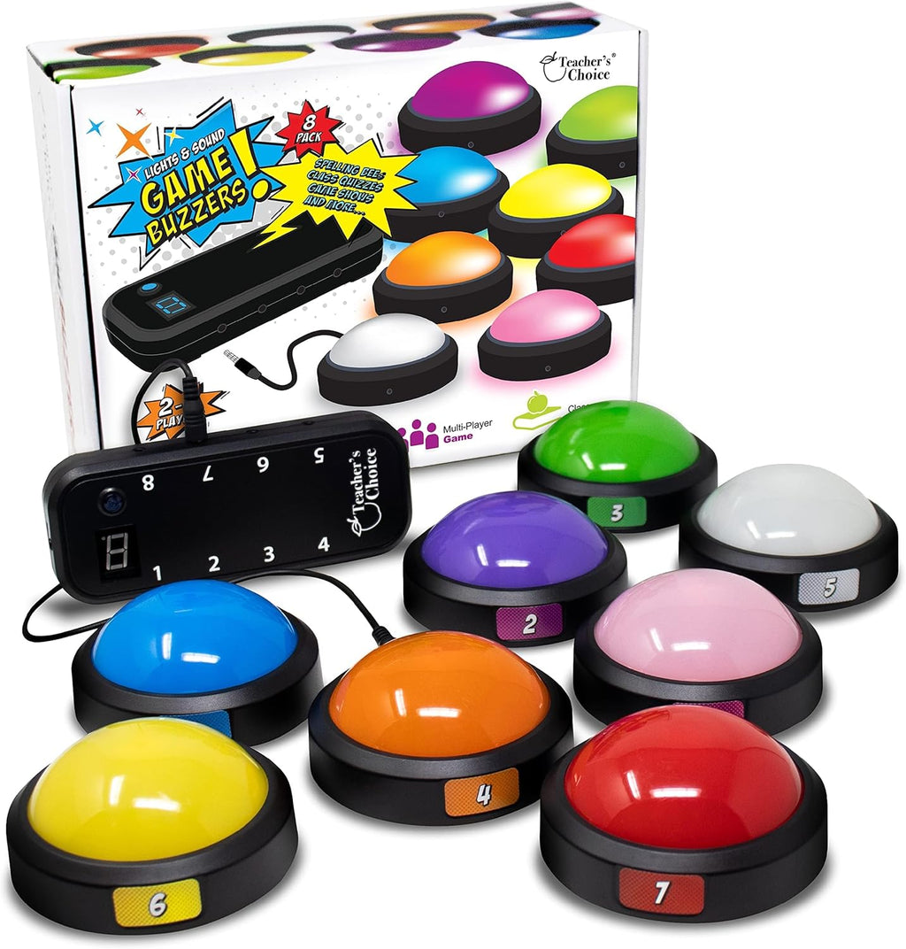 Teacher's Choice Light Up Game Buzzer System, Displays The Winning Player Loud, Unique Sounds for Each Buzzer, Great for Trivia Games, Family Feud, Jeopardy (8 Pack)