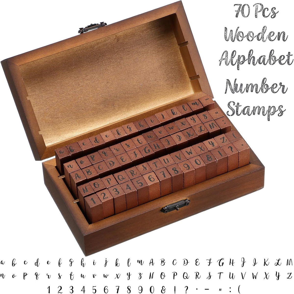 Fuyoooo 70 Pcs Alphabet Wooden Rubber Stamps with Box Letter Number Symbol DIY Craft Alphabet Stamps Set for Card Making DIY Craft Scrapbooking Supplie