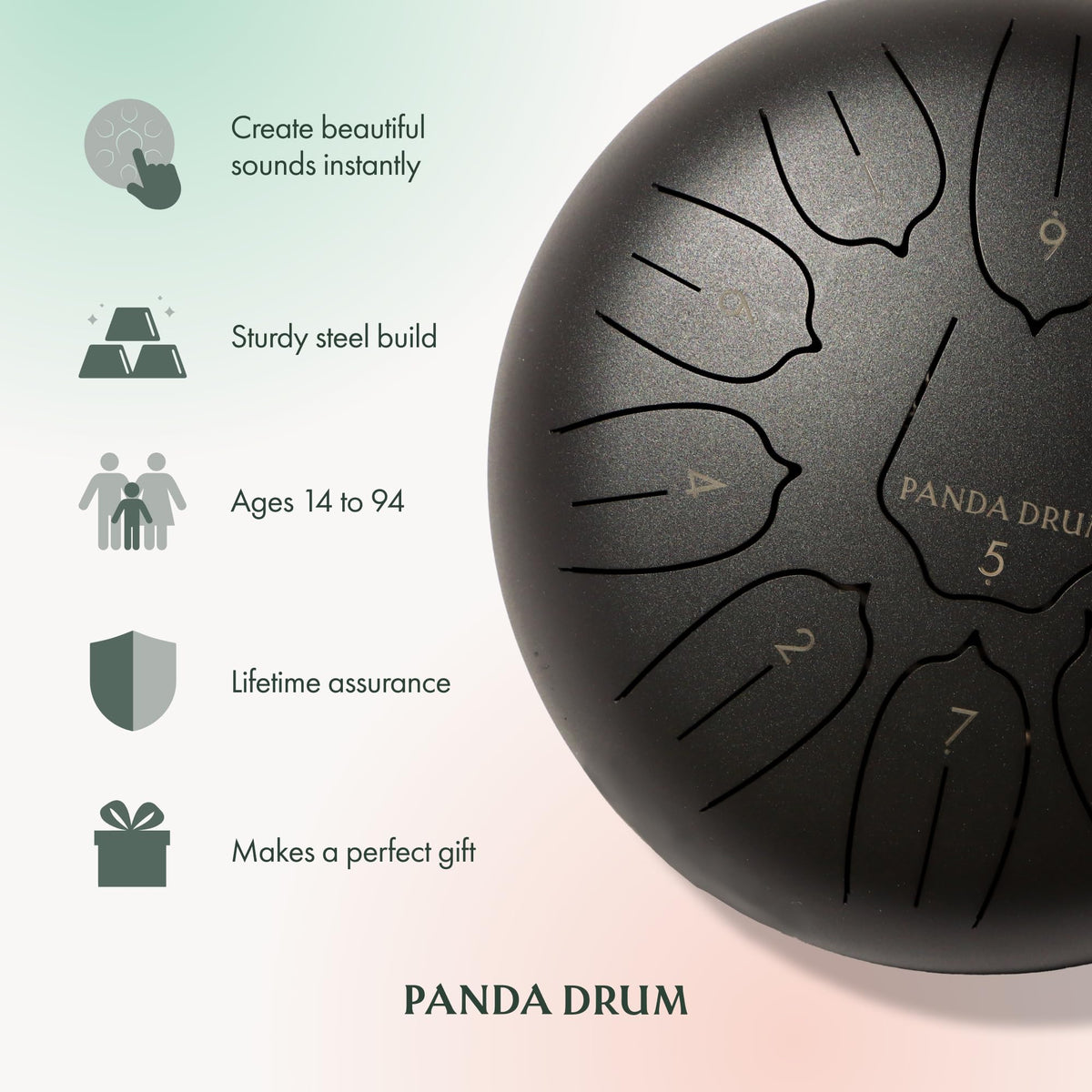 Panda Drum Plus 11" Steel Tongue Drum — Multi-Note Hand Pan with Accessories