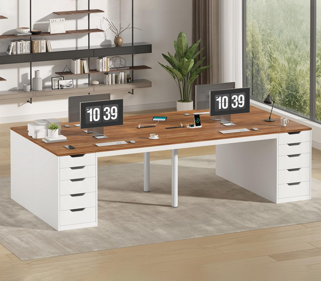 YOMILUVE 95" 2 Person Desk with 10 Drawers & Power Outlets for Home Office