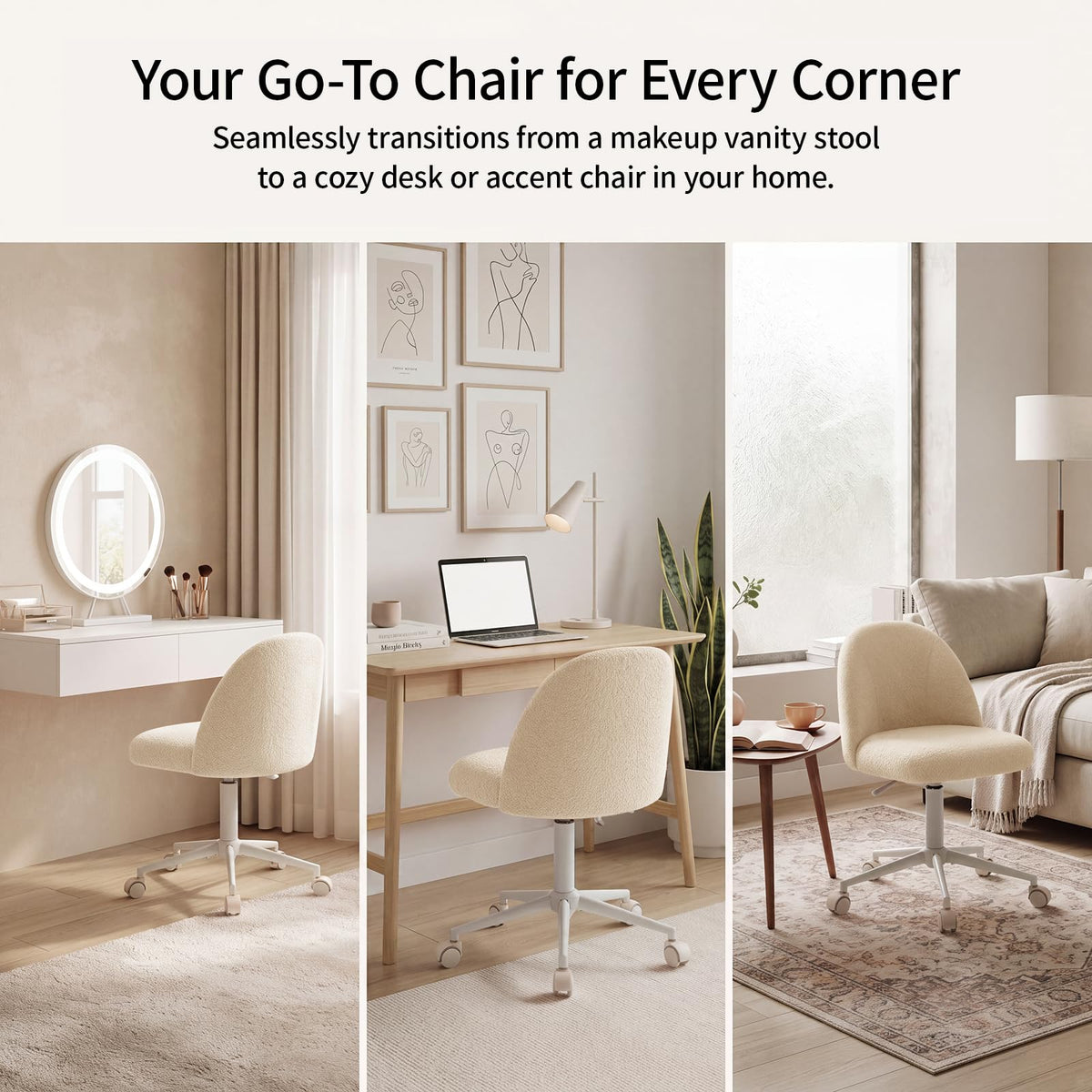 White Vanity Chair with Wheels＆Back, Armless Cute Desk Chair
