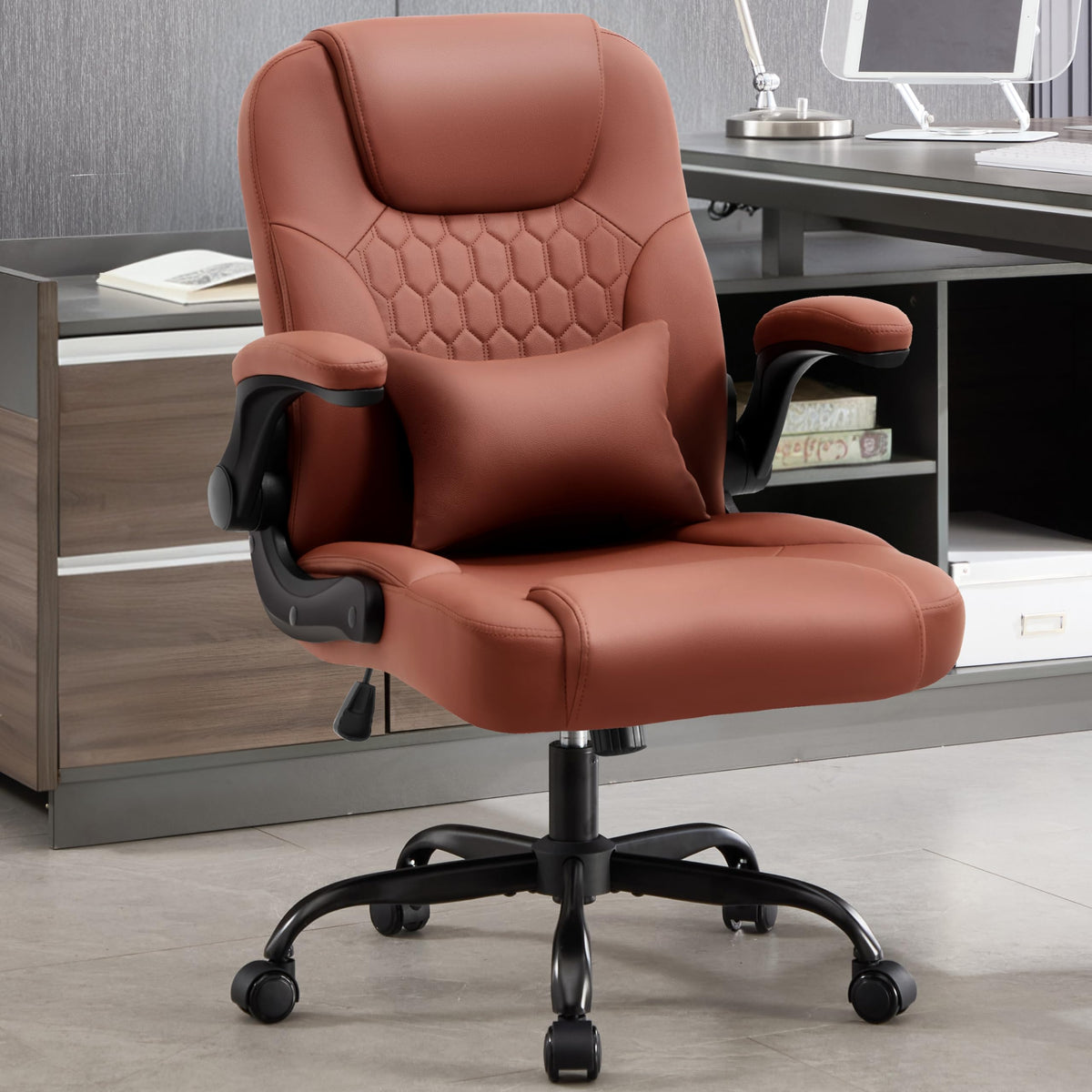 Nexthro PU Leather Study Chair with Lumbar Pillow and Flip-Up Arms