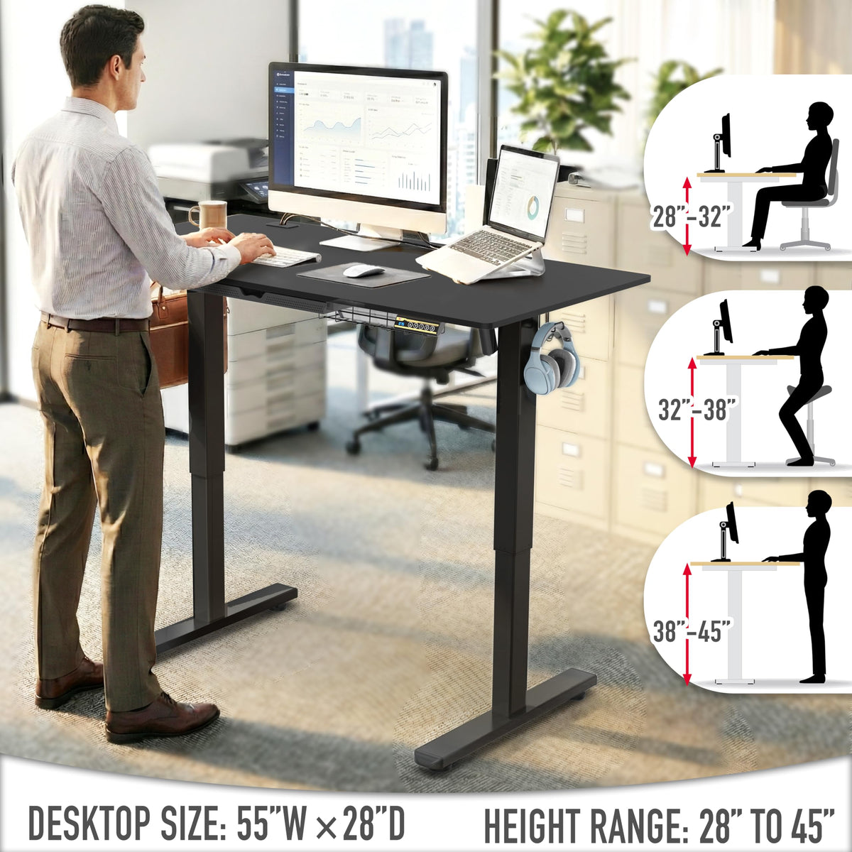 SHW 55 x 28 Electric Height Adjustable Standing Desk w/Drawer, White