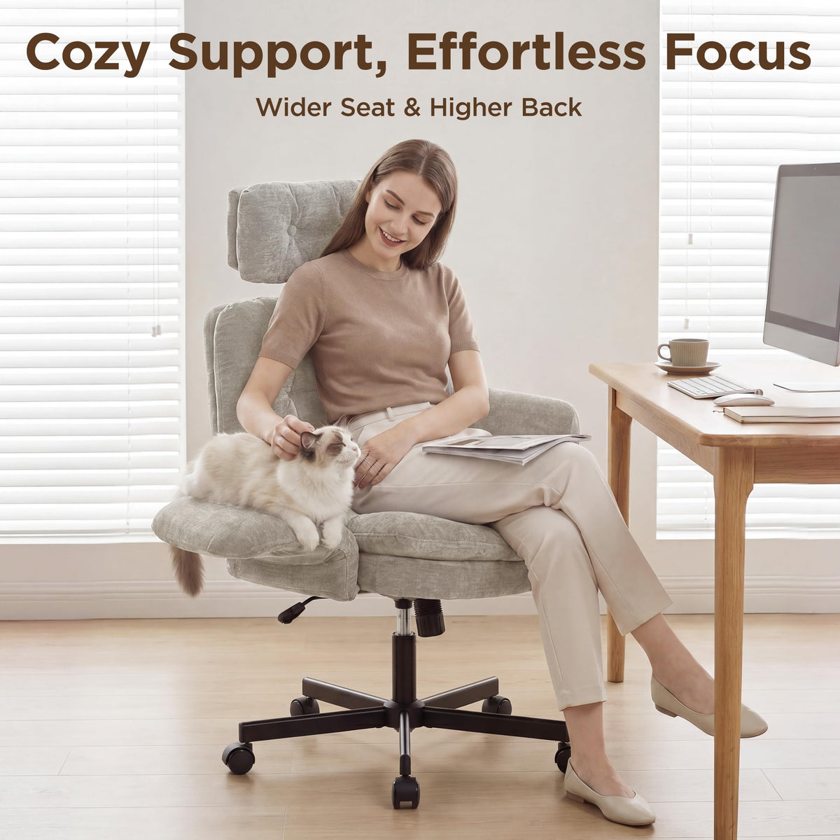 FiveWillowise Cross Legged Office Chair with Flip-up Arms&Hight Back,Grey