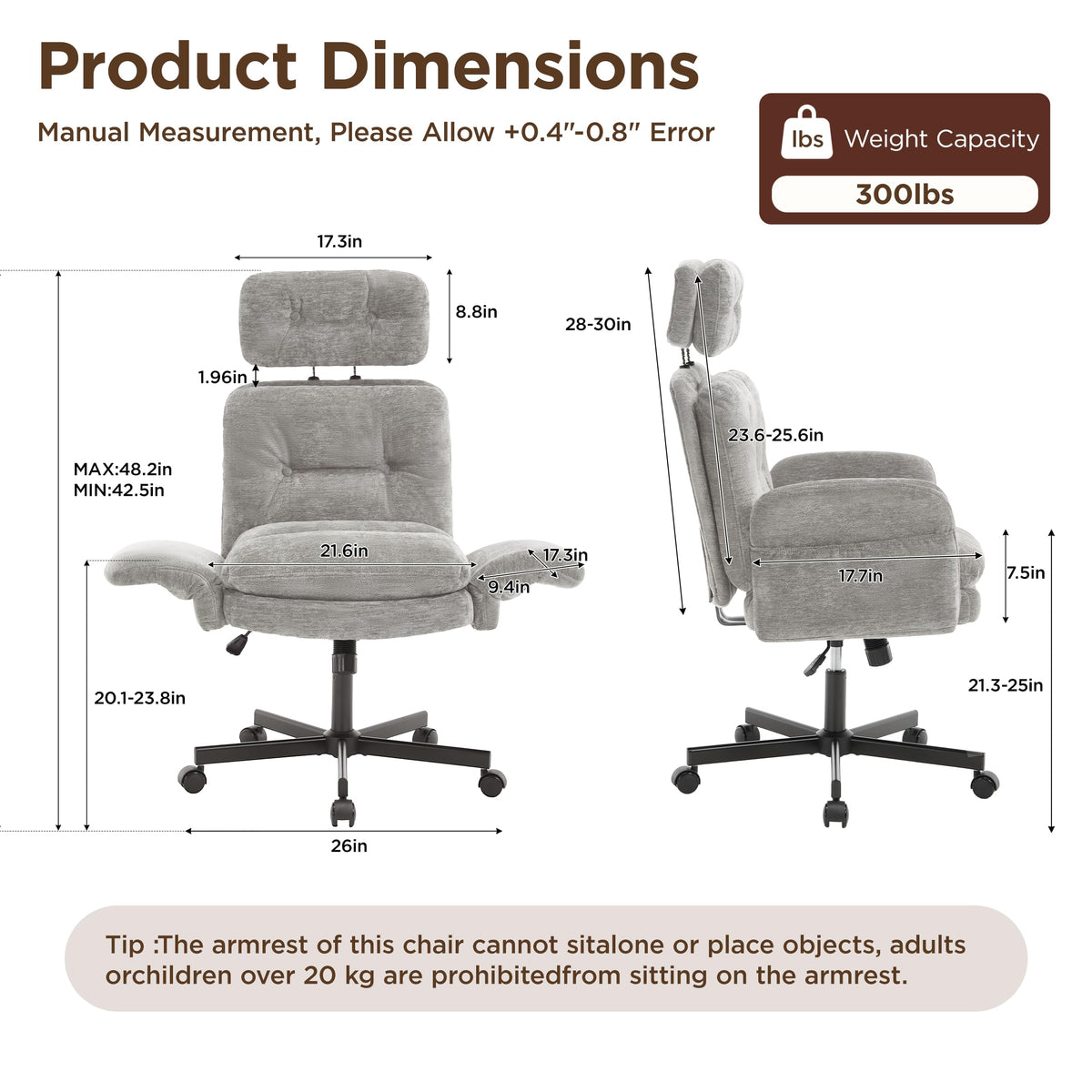 FiveWillowise Cross Legged Office Chair with Flip-up Arms&Hight Back,Grey
