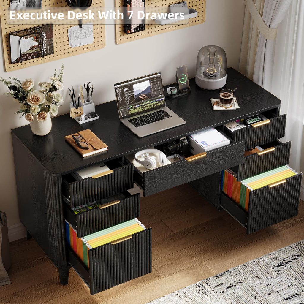 55.1" Fluted Executive Desk with Drawers, Wood Computer Desk with Storage Cabinet, Home Office Desk with Charging Station, Farmhouse Desk with File Cabinet for Office Home (Nature)