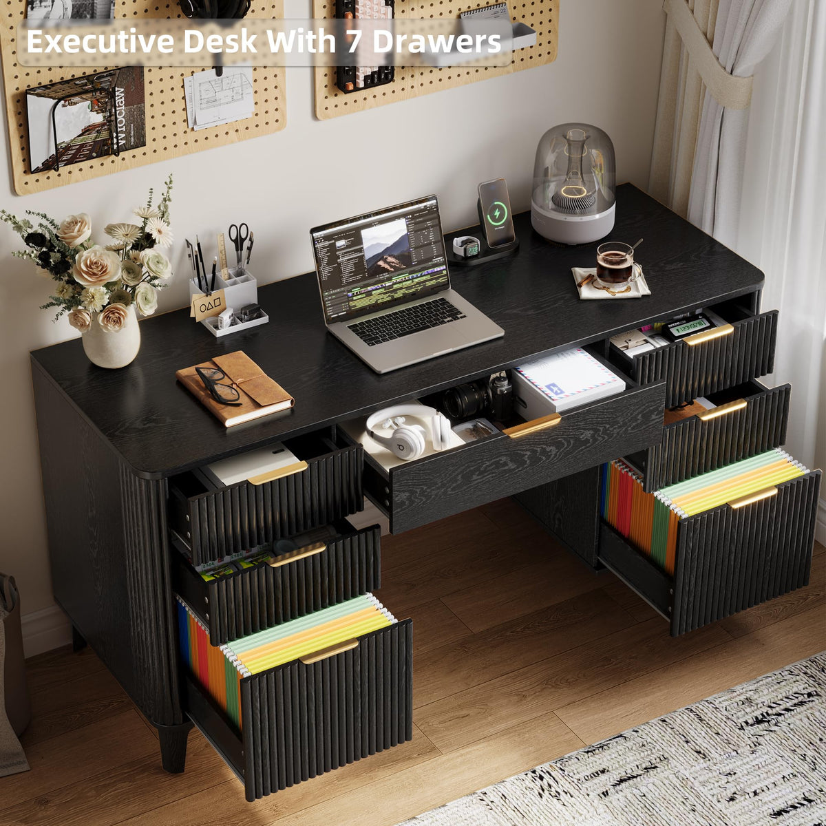 55.1" Fluted Executive Desk with Drawers, Wood Computer Desk with Storage Cabinet, Home Office Desk with Charging Station, Farmhouse Desk with File Cabinet for Office Home (Nature)
