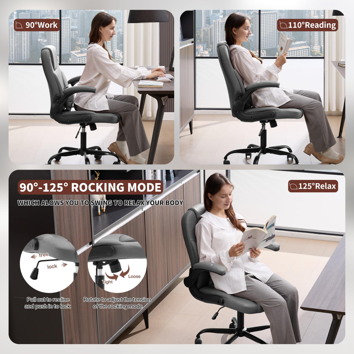 Leather Office Chair Swivel Lumbar Support for Short People Black