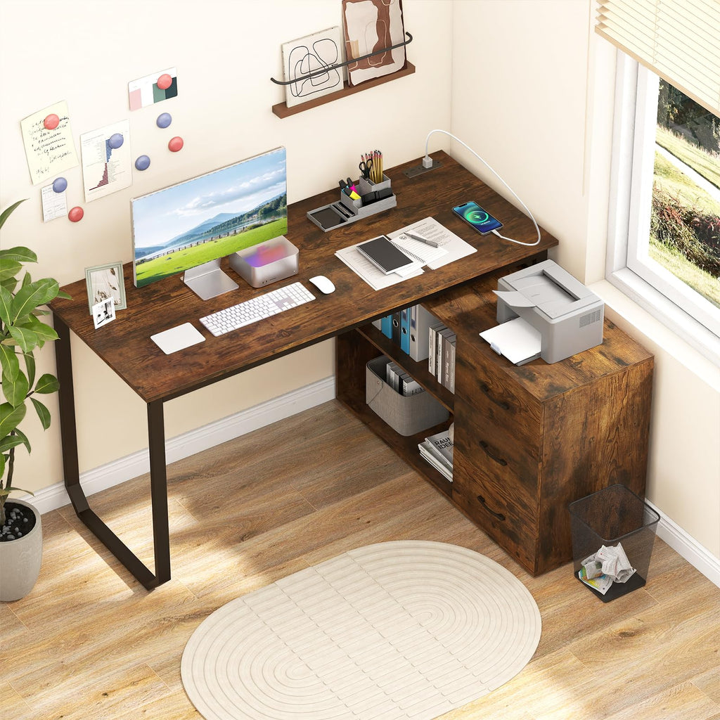Tangkula 55" Reversible L Shaped Desk with 3 Drawers, Home Office Desk with Adjustable Shelf & Power Outlet, Study Writing Table, Computer Workstation for Small Space, Corner Desk (White)