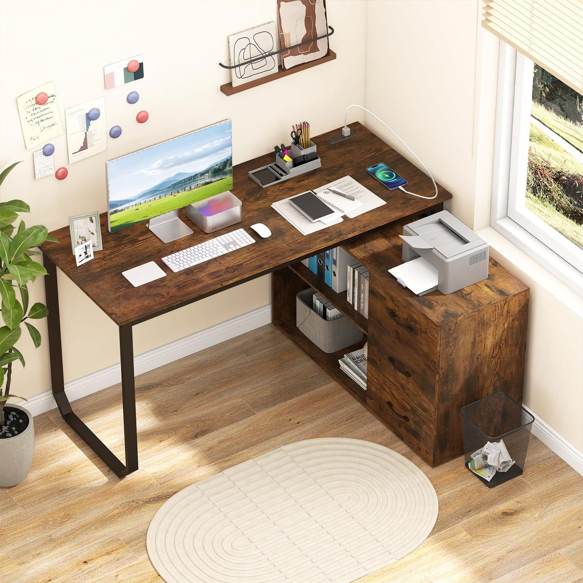 Tangkula 55" Reversible L Shaped Desk with 3 Drawers, Home Office Desk with Adjustable Shelf & Power Outlet, Study Writing Table, Computer Workstation for Small Space, Corner Desk (White)