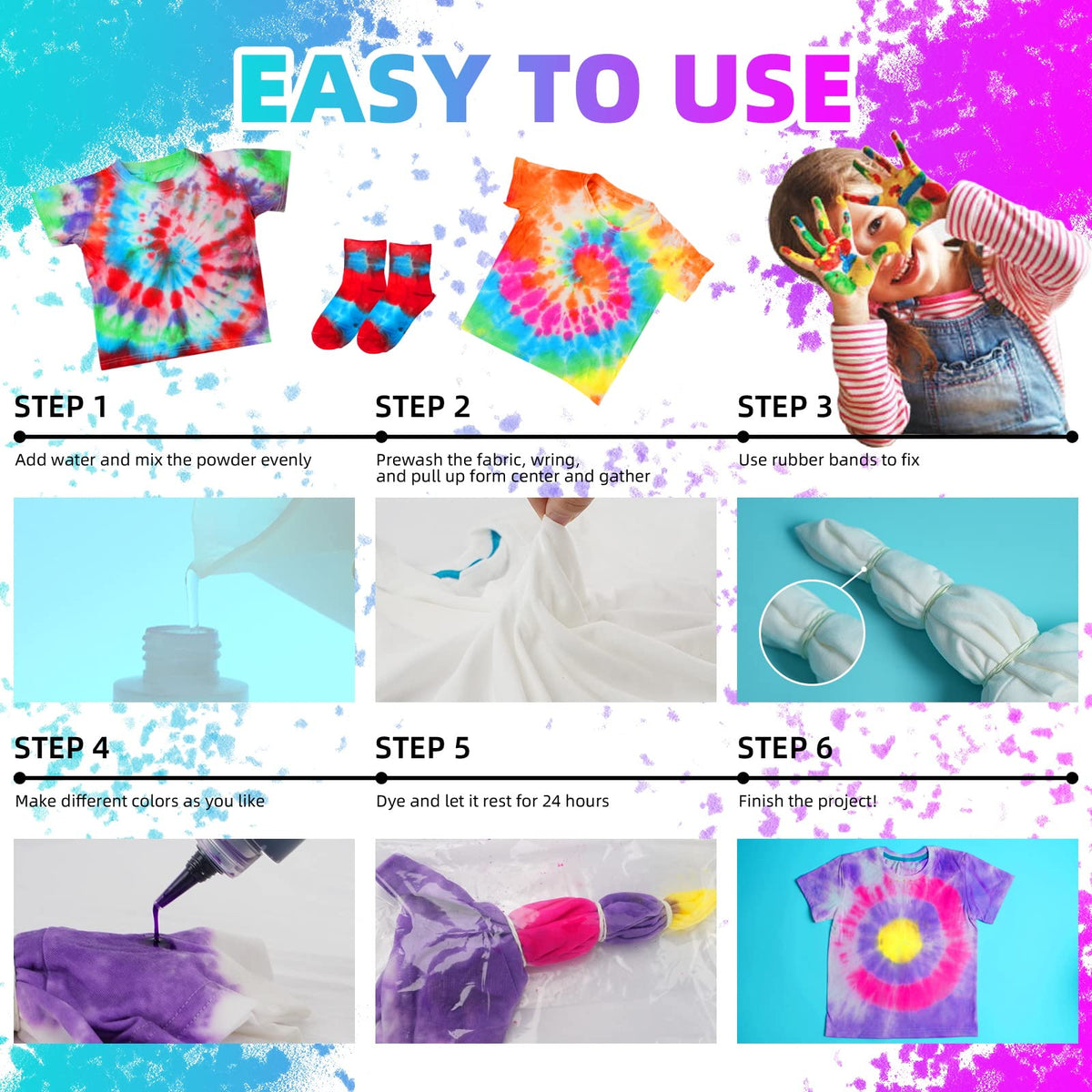 HTVRONT Tie Dye Kit, 32 Vibrant Vivid Permanent Colors, Just Add Water