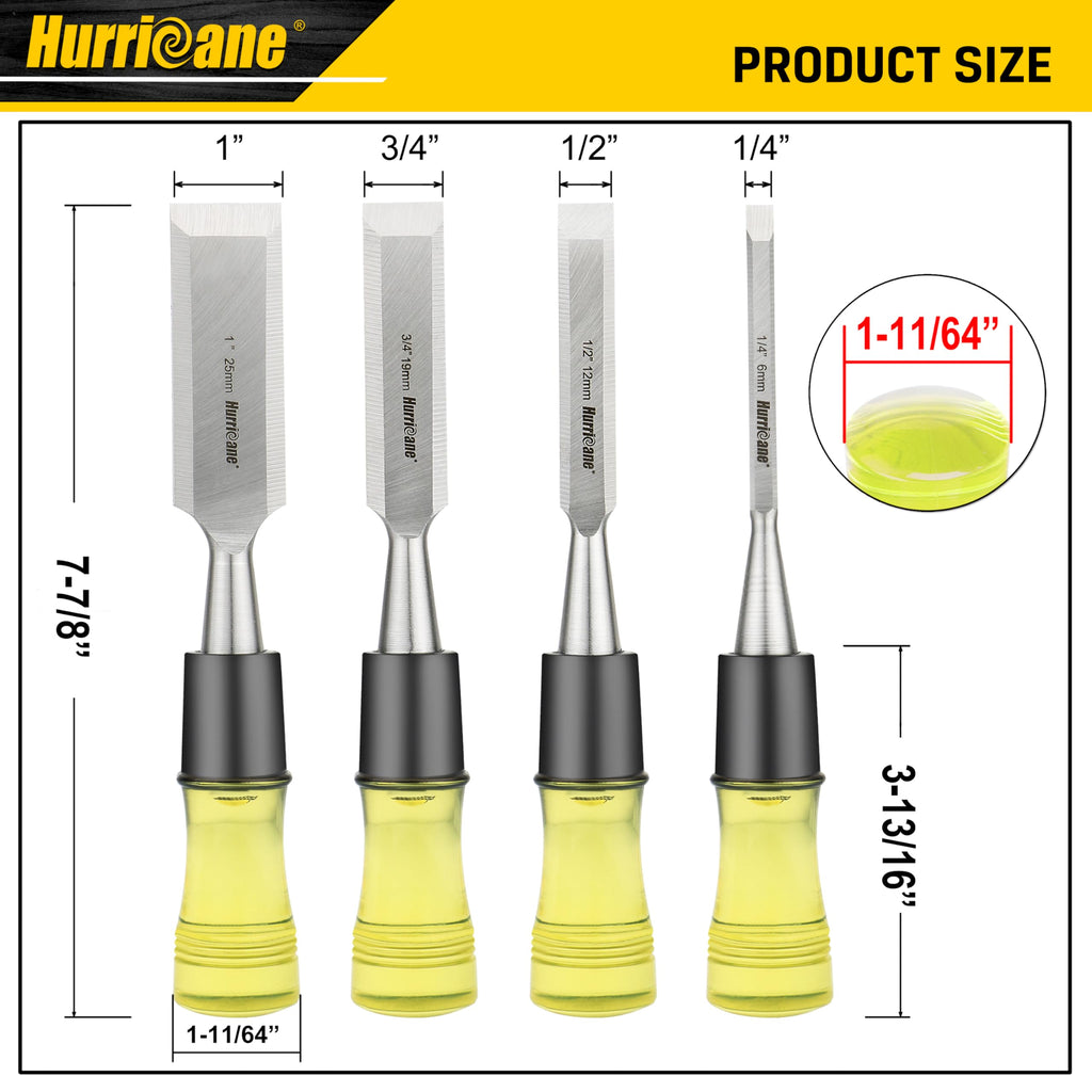 HURRICANE 4 Piece Wood Chisel Set for Woodworking. CR-V Steel Beveled Edge Blades with Safety Caps. Durable PVC High Impact Handle, for Precision Carving & DIY Projects (1/4", 1/2", 3/4", 1")