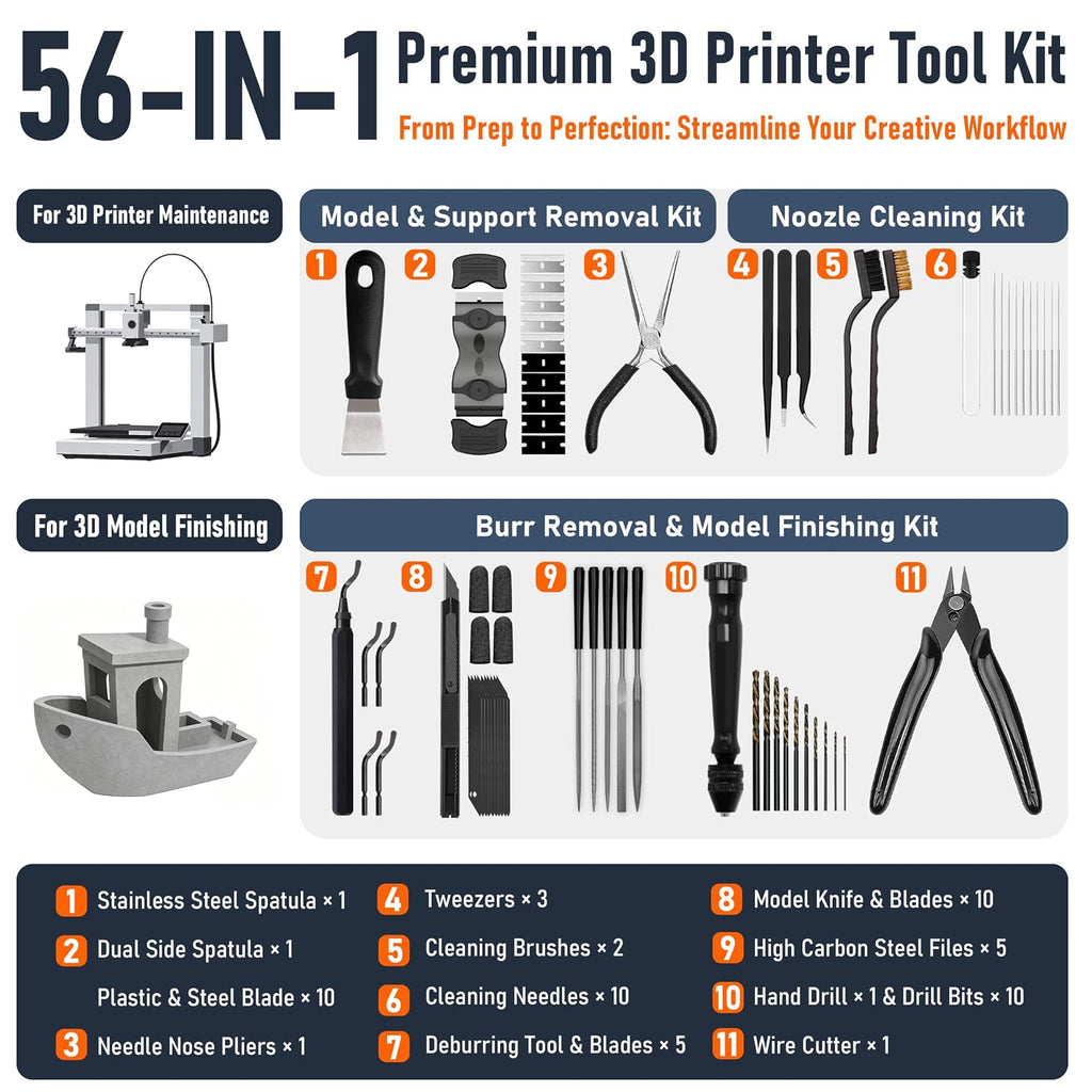 3D Printer Tools Kit, Quality 3D Printing Tool Kit for Model Finishing/Deburring/Drilling, 3D Printer Accessories for All FDM/SLA Printers Removing Support, Cutting Filament, Cleaning Nozzle