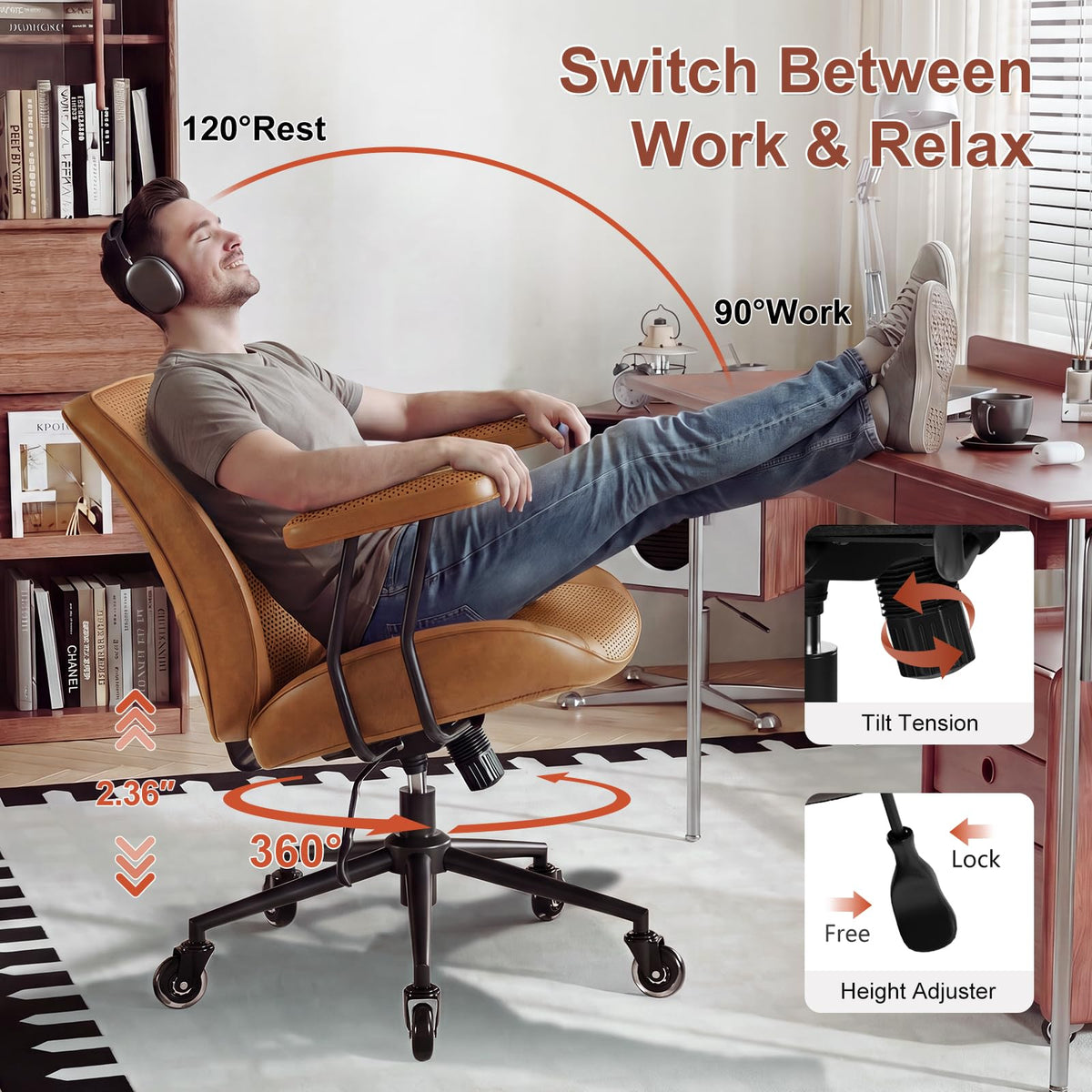 BFZ Leather Home Office Desk Chair with Lumbar Support, Brown