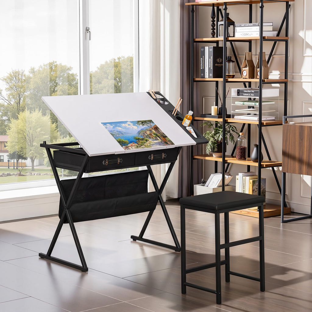 VECELO Adjustable Drafting and Art Desk with Stool