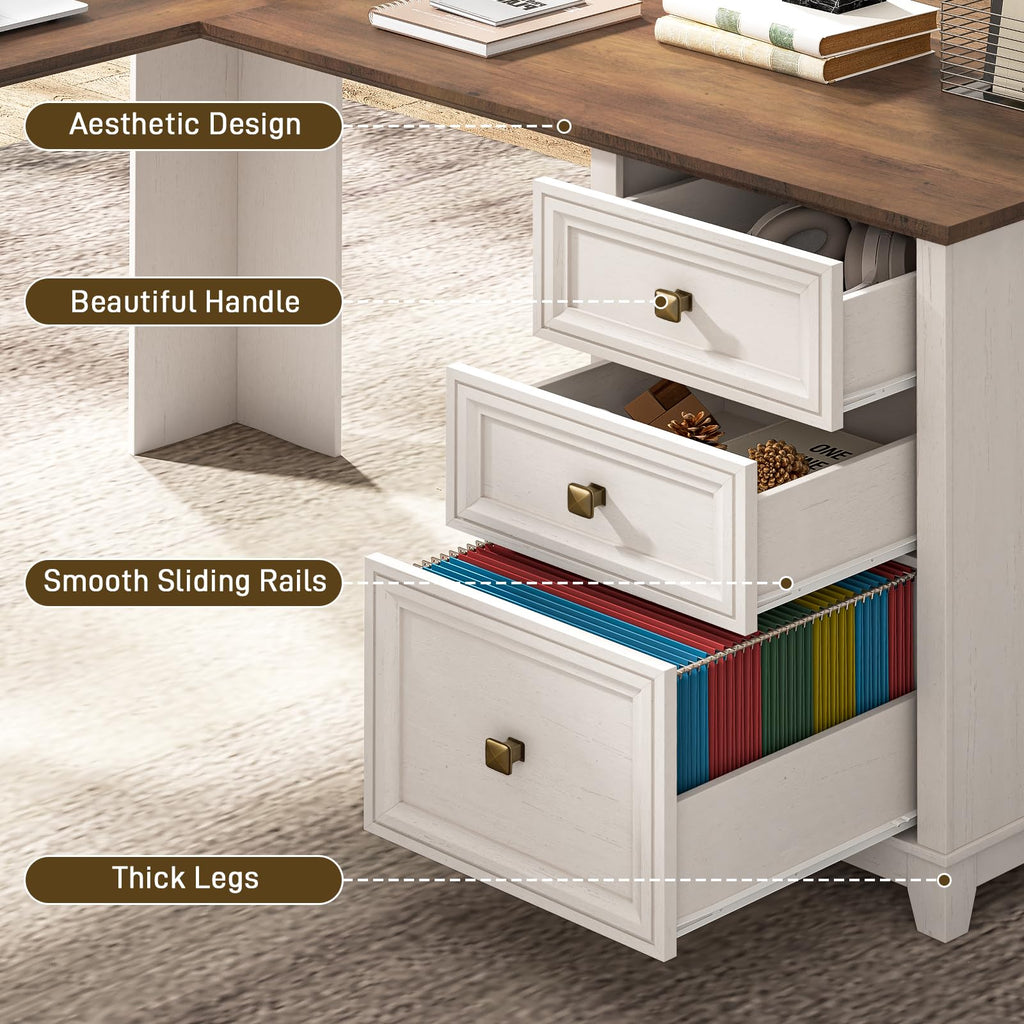 Vabches 51" Executive Desk Farmhouse Home Office Desk with Charging Station, LED Light, File Drawer, Storage Cabinet, Monitor Stand, Wood Computer Desk with Hutch for Work Study Writing (White)